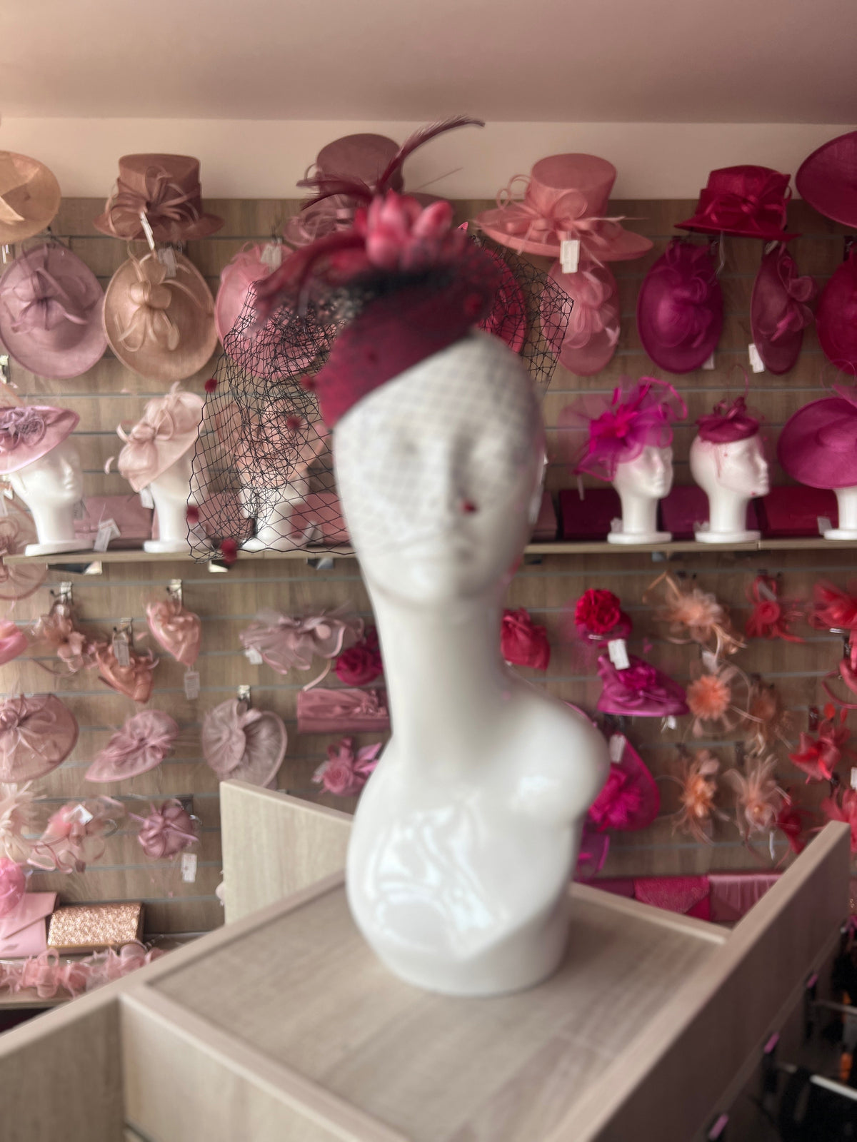 Burgundy Pillbox Hat Fascinator With Flower &amp; Veil-Fascinators Direct