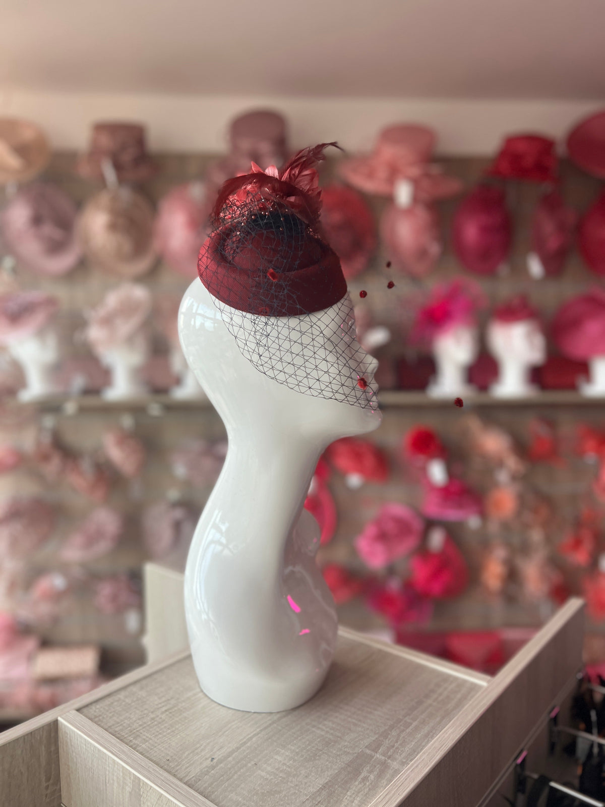 Burgundy Pillbox Hat Fascinator With Flower &amp; Veil-Fascinators Direct