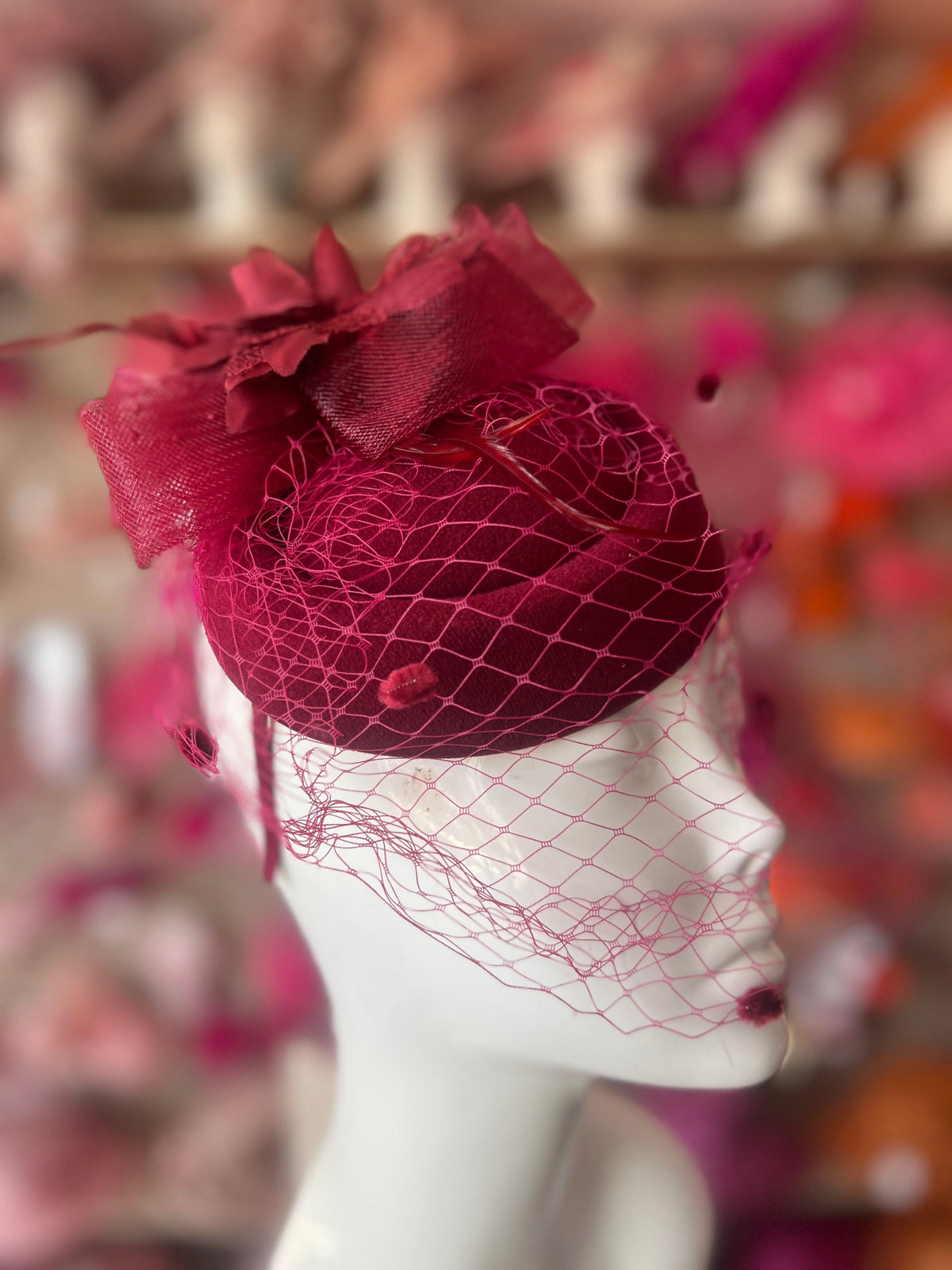 Burgundy Pillbox Hat Fascinator With Flower &amp; Veil-Fascinators Direct