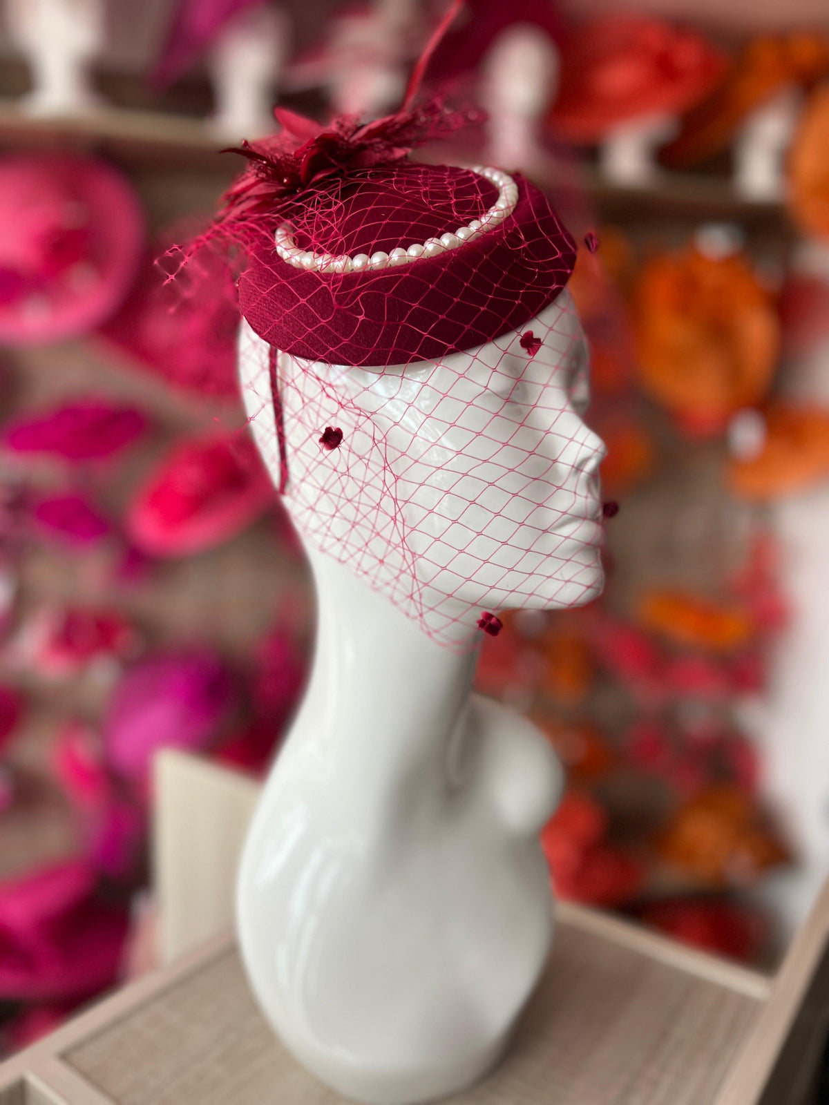 Burgundy Pillbox Hat With Flower,Veil &amp; Pearls-Fascinators Direct