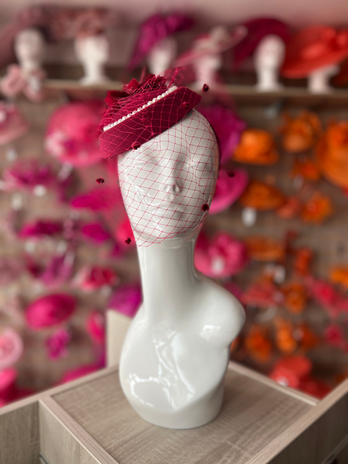 Burgundy Pillbox Hat With Flower,Veil &amp; Pearls-Fascinators Direct