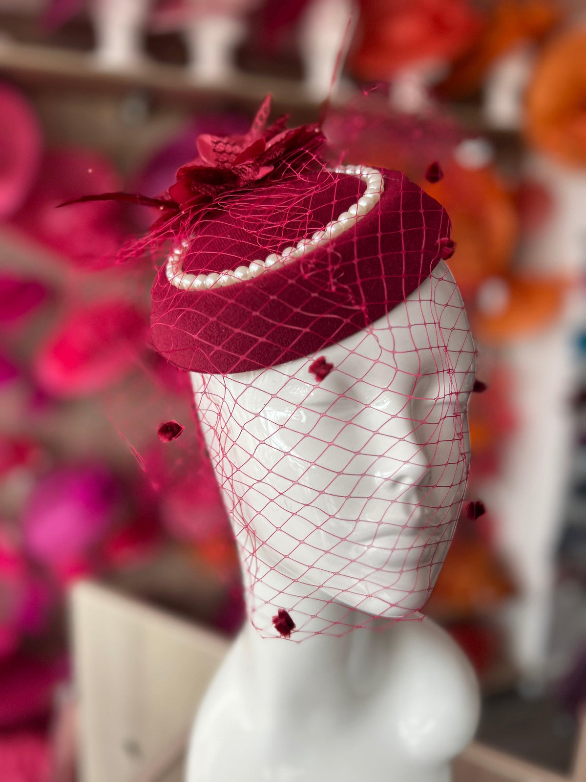 Burgundy Pillbox Hat With Flower,Veil &amp; Pearls-Fascinators Direct
