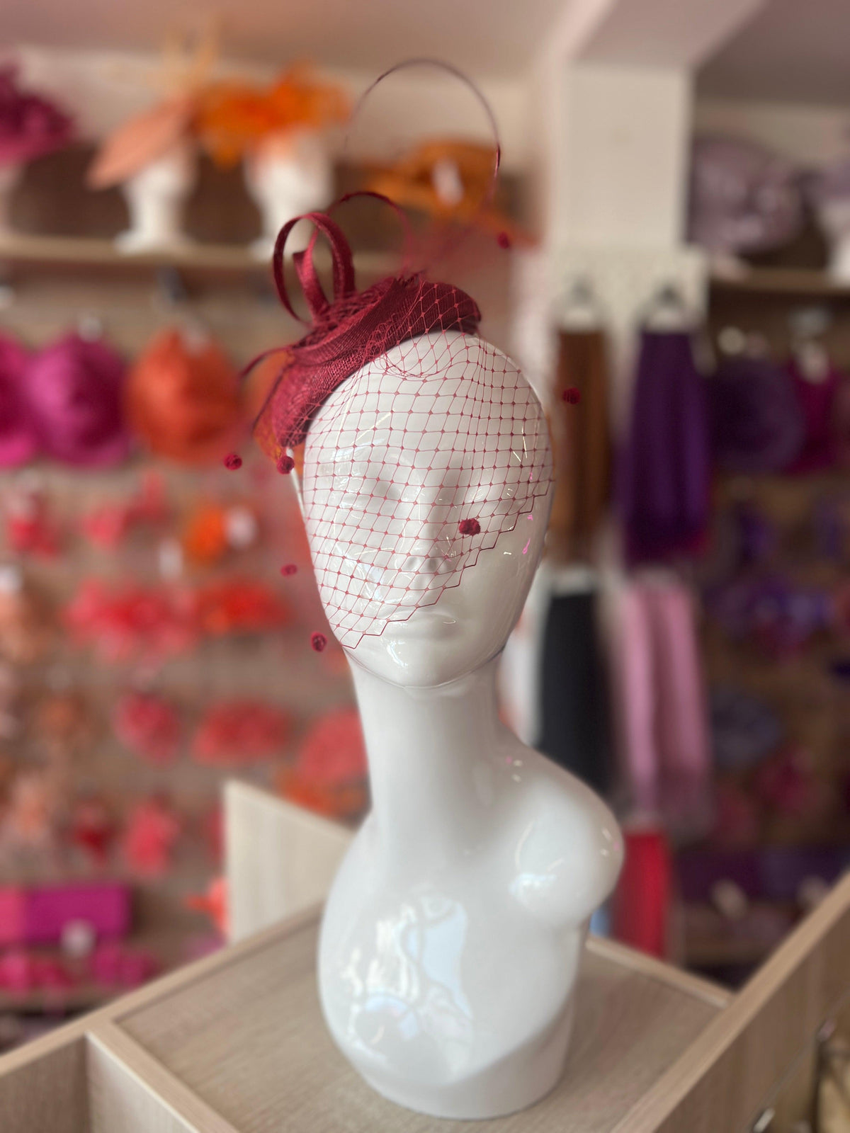 Burgundy Pillbox Hat with Veil &amp; Curled Quill-Fascinators Direct