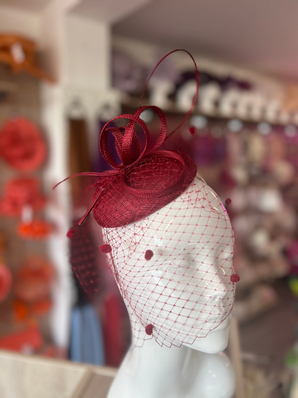 Burgundy Pillbox Hat with Veil &amp; Curled Quill-Fascinators Direct