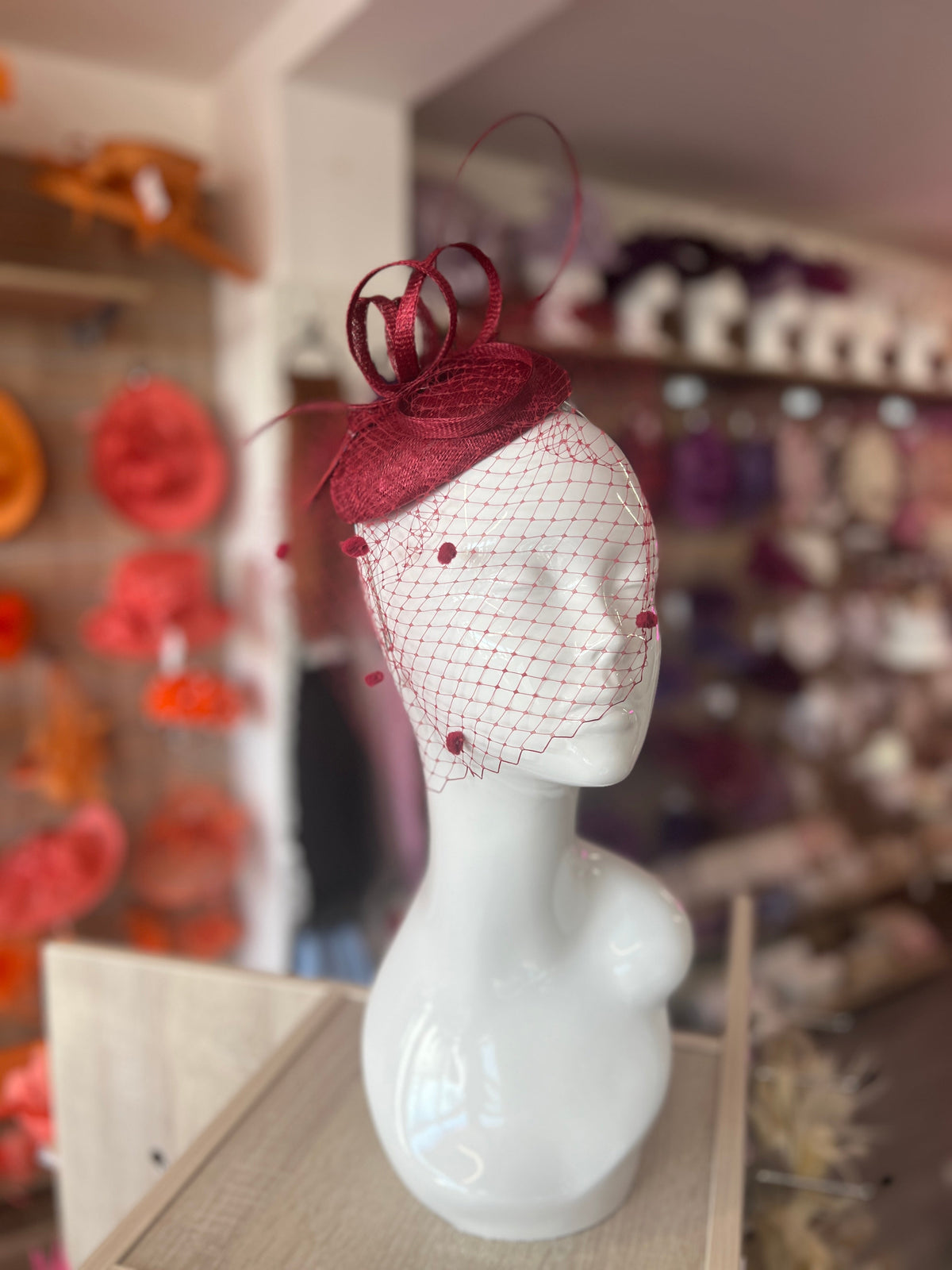 Burgundy Pillbox Hat with Veil &amp; Curled Quill-Fascinators Direct
