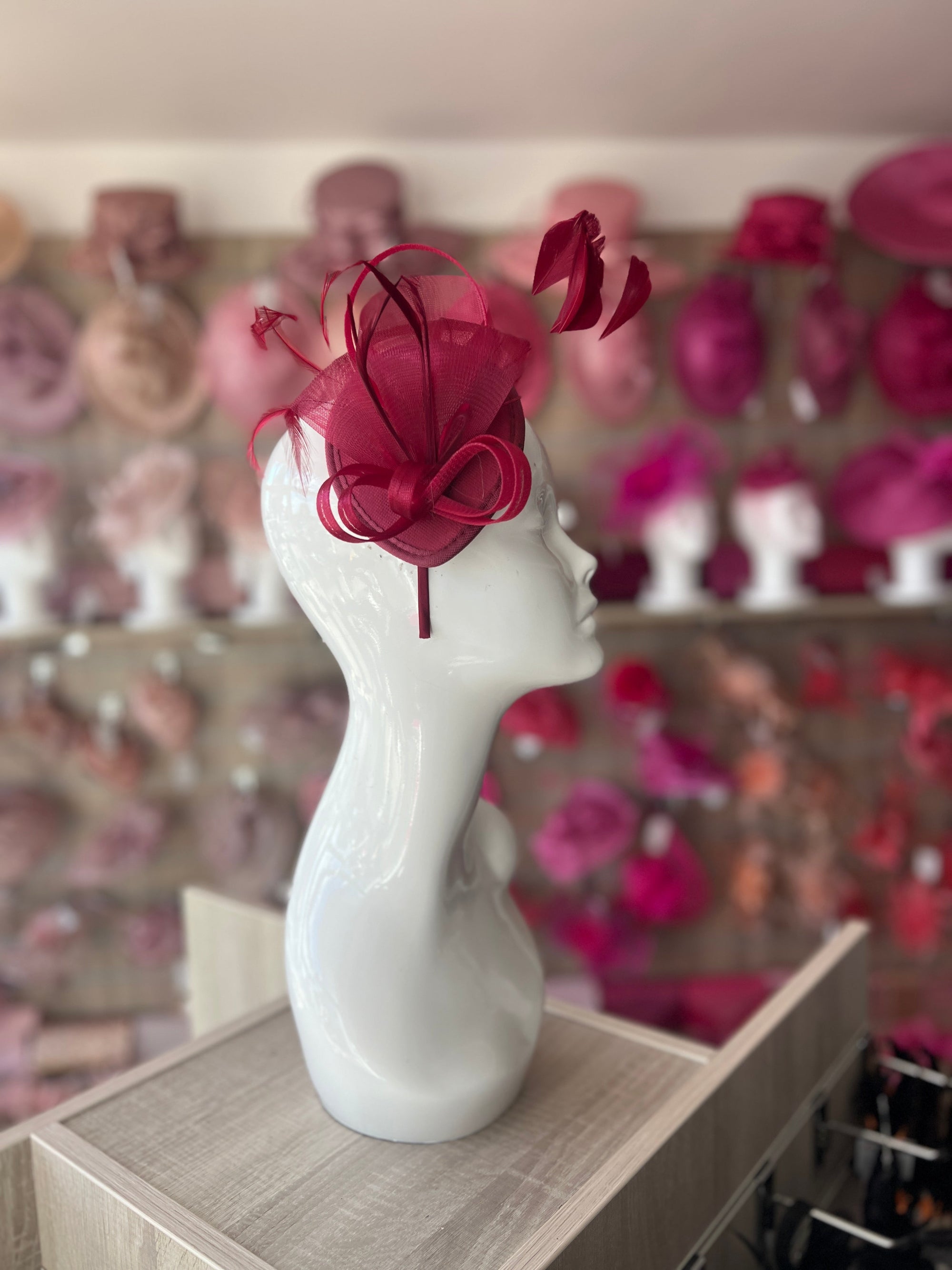 Burgundy Red Fascinator Headband with Looped Crin & Feathers-Fascinators Direct