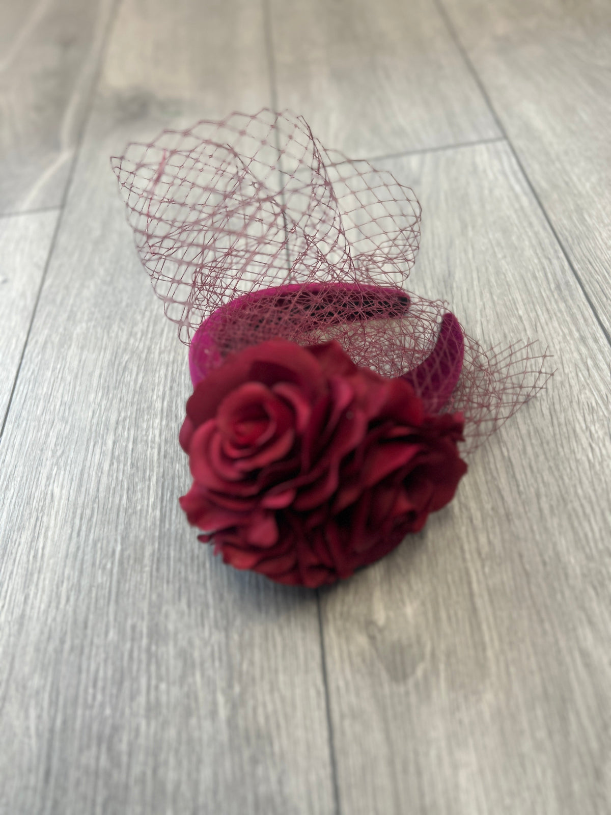 Burgundy Rose &amp; Netting Chunky Headband Fascinator-Fascinators Direct