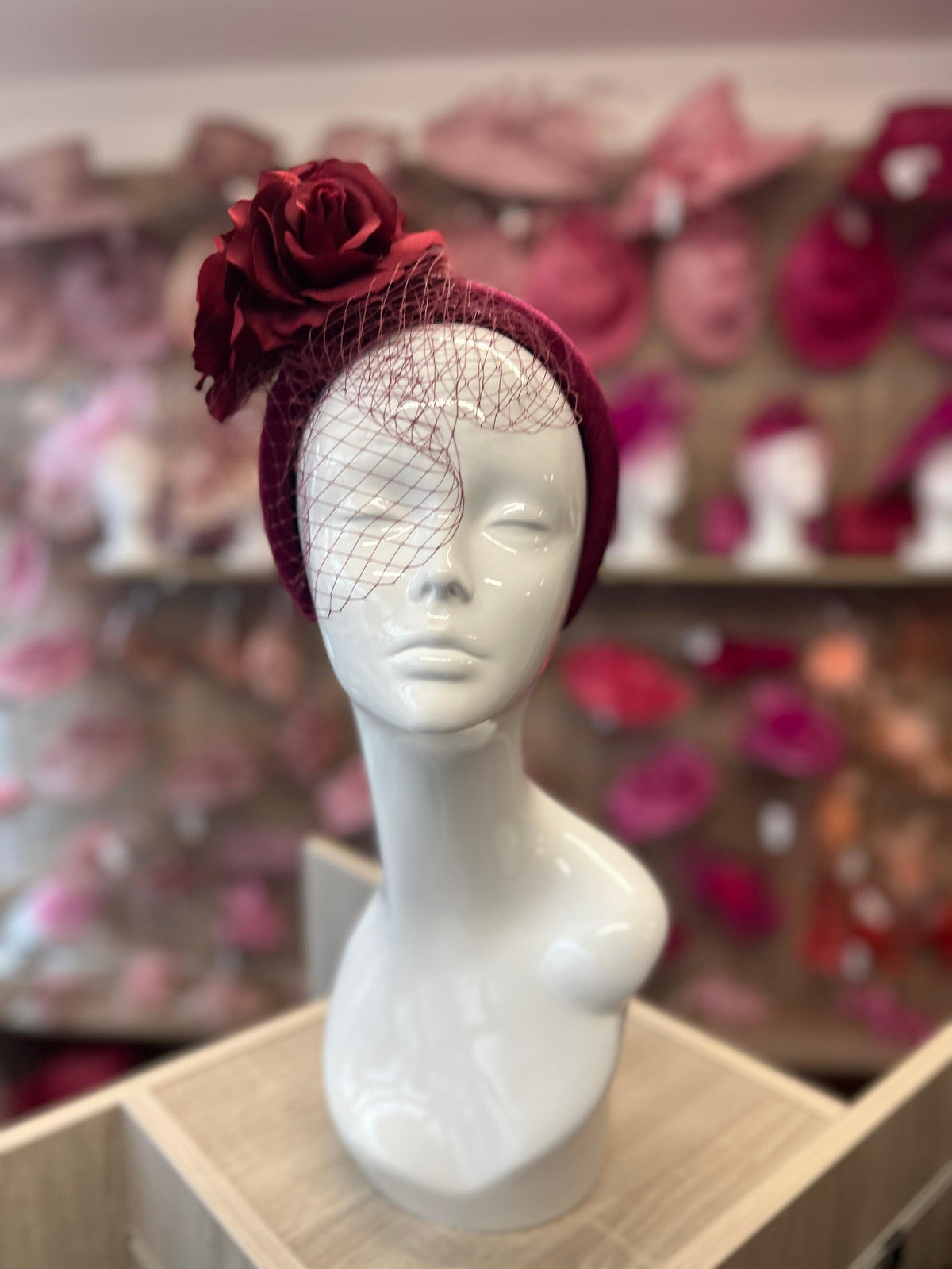 Burgundy Rose &amp; Netting Chunky Headband Fascinator-Fascinators Direct