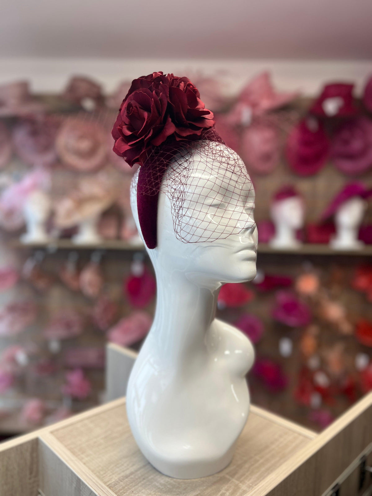 Burgundy Rose &amp; Netting Chunky Headband Fascinator-Fascinators Direct