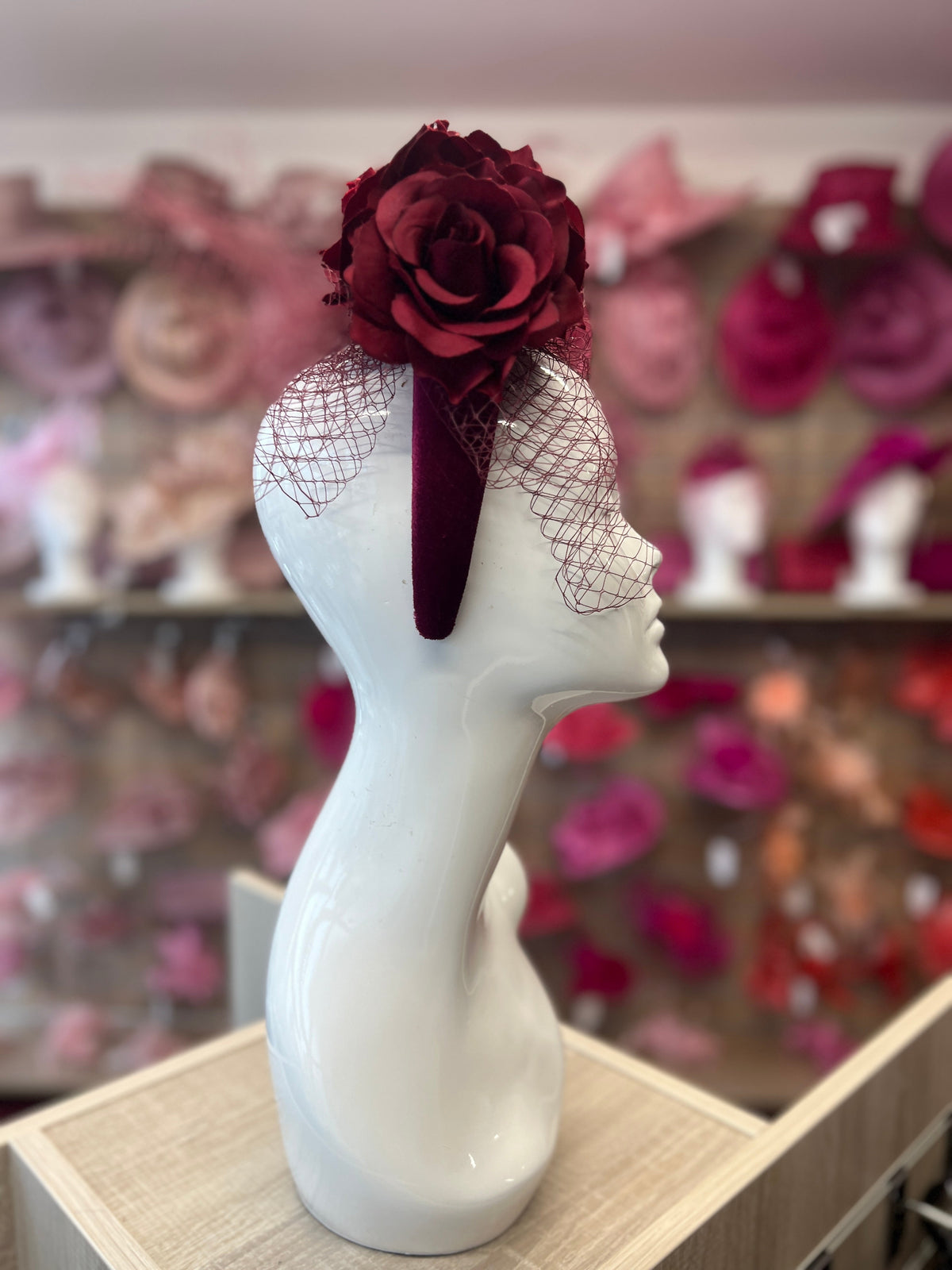 Burgundy Rose &amp; Netting Chunky Headband Fascinator-Fascinators Direct