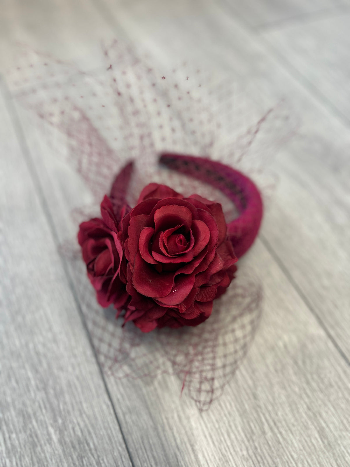 Burgundy Rose &amp; Netting Chunky Headband Fascinator-Fascinators Direct