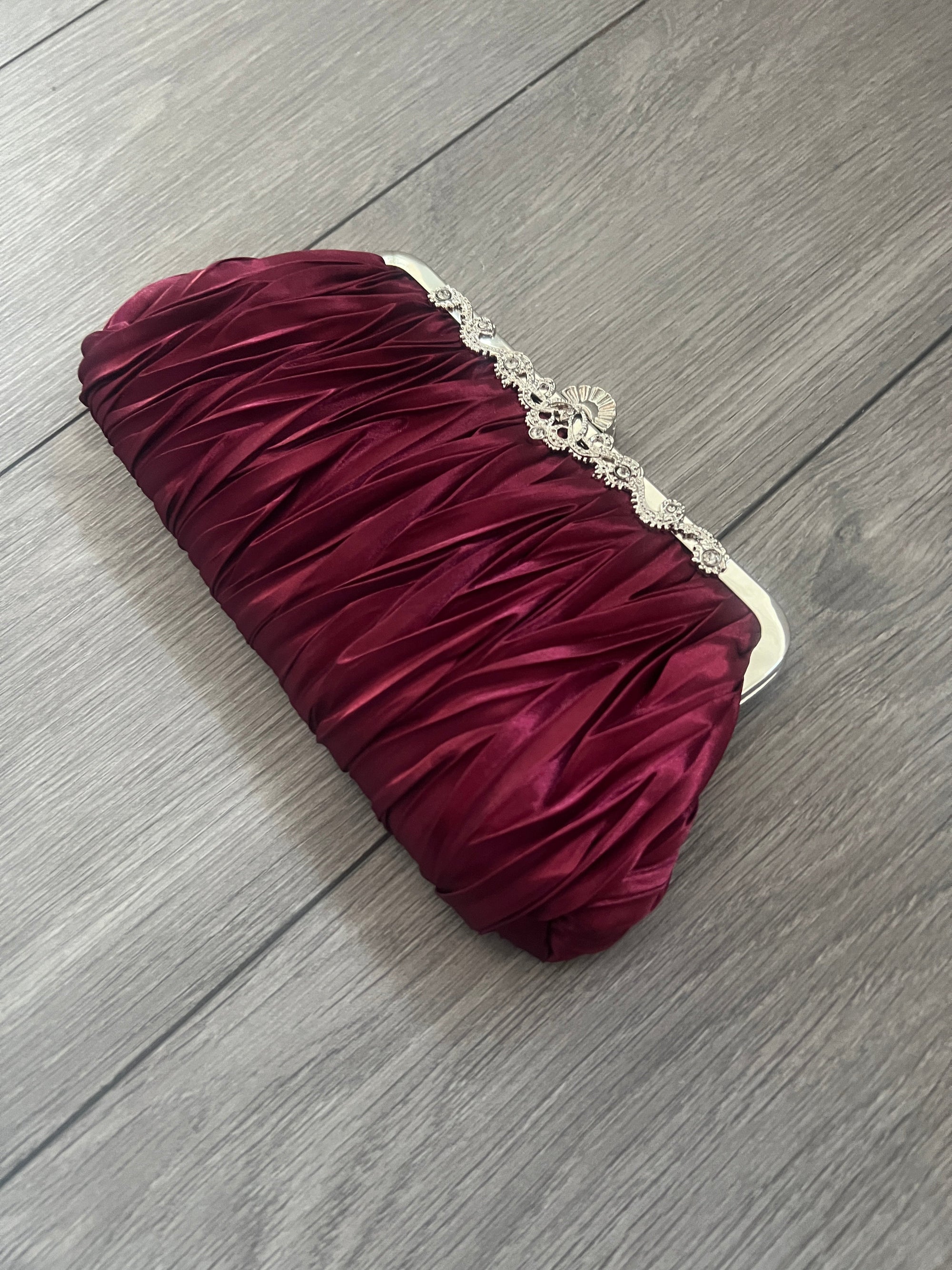 Burgundy Satin Art Deco Detail Clutch Bag-Fascinators Direct