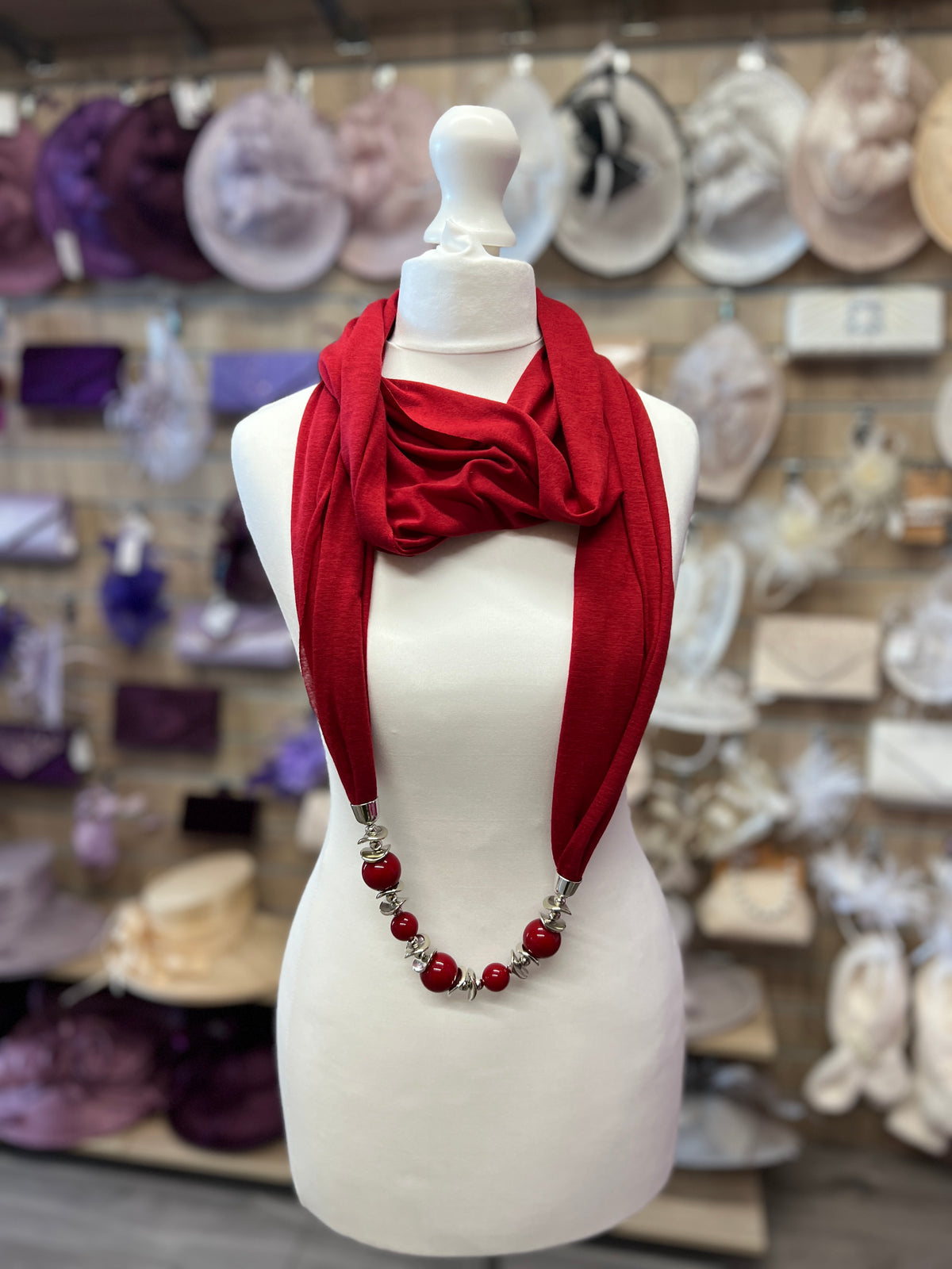 Burgundy Scarf Necklace With Beads-Fascinators Direct
