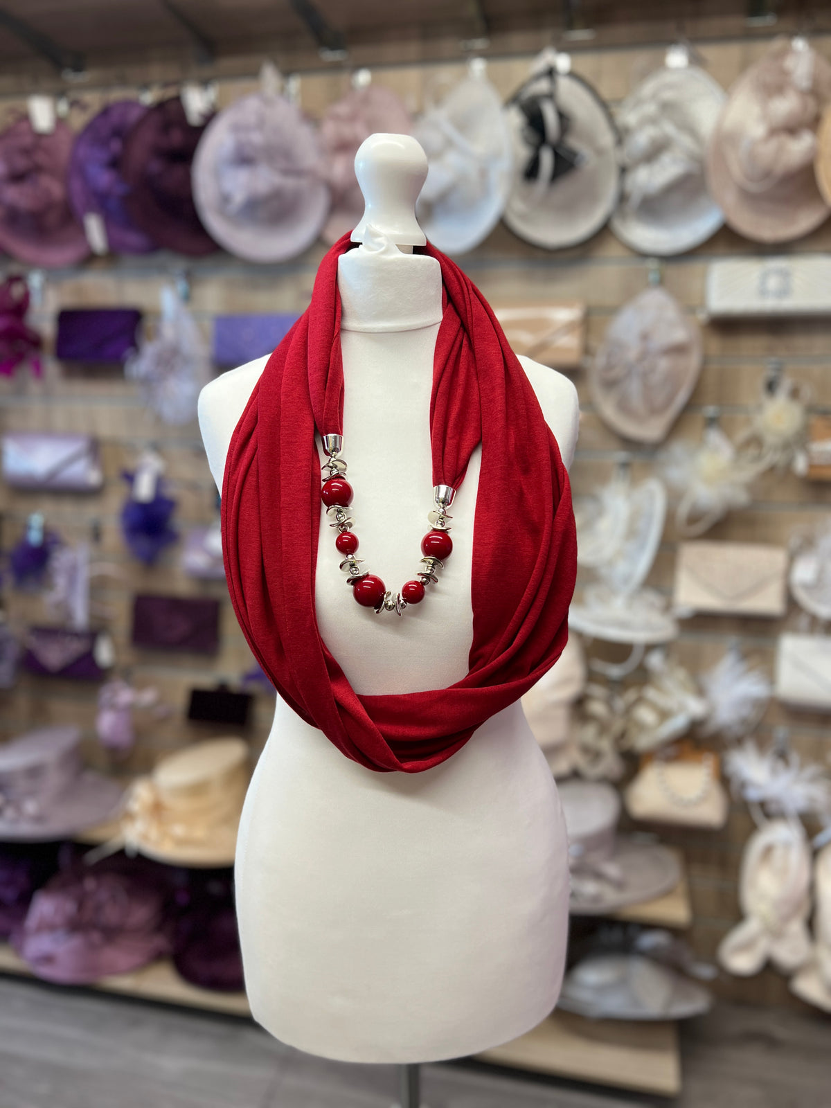 Burgundy Scarf Necklace With Beads-Fascinators Direct