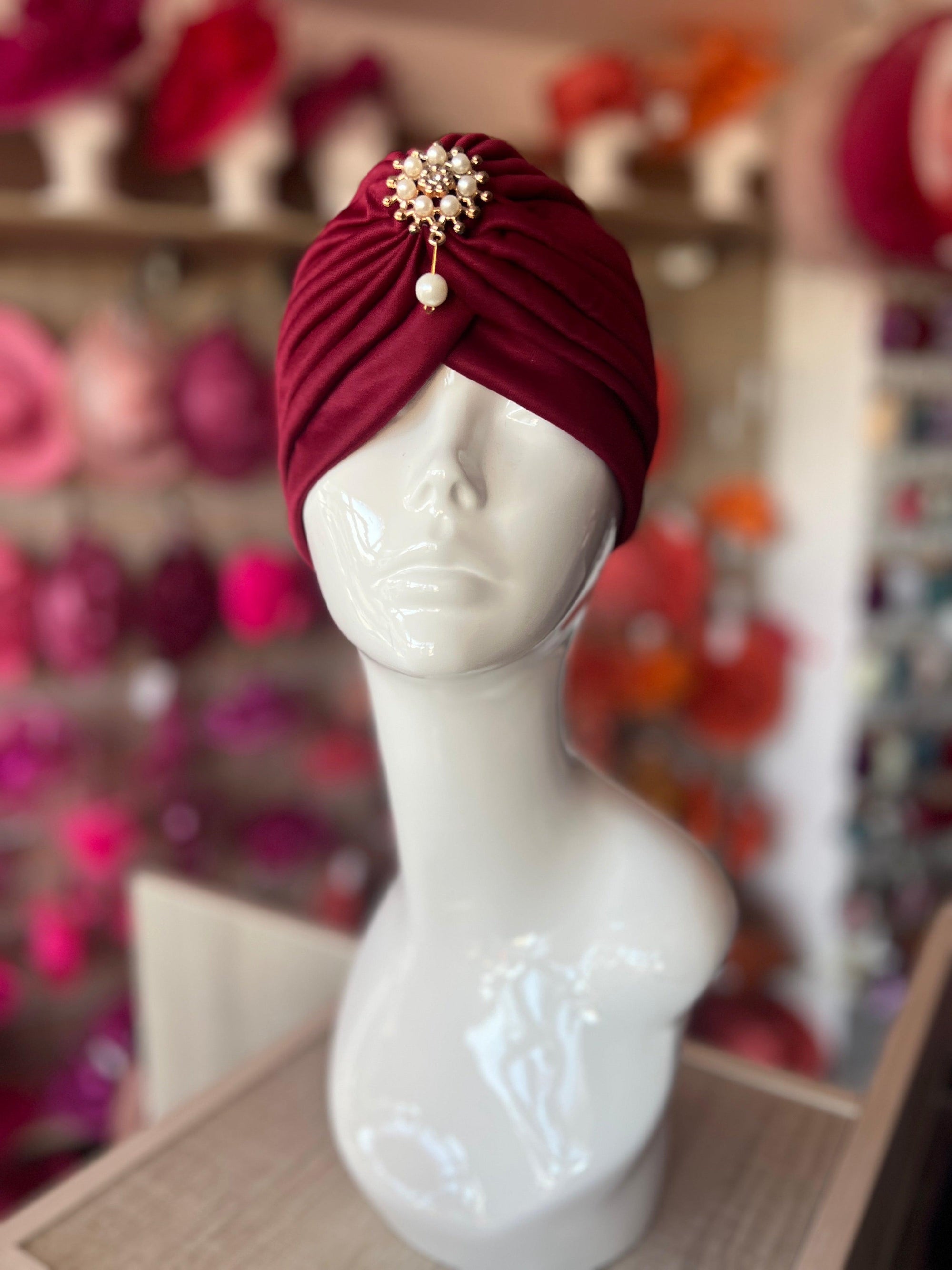 Burgundy Turban Hat With Diamante & Pearl Embellishment-Fascinators Direct