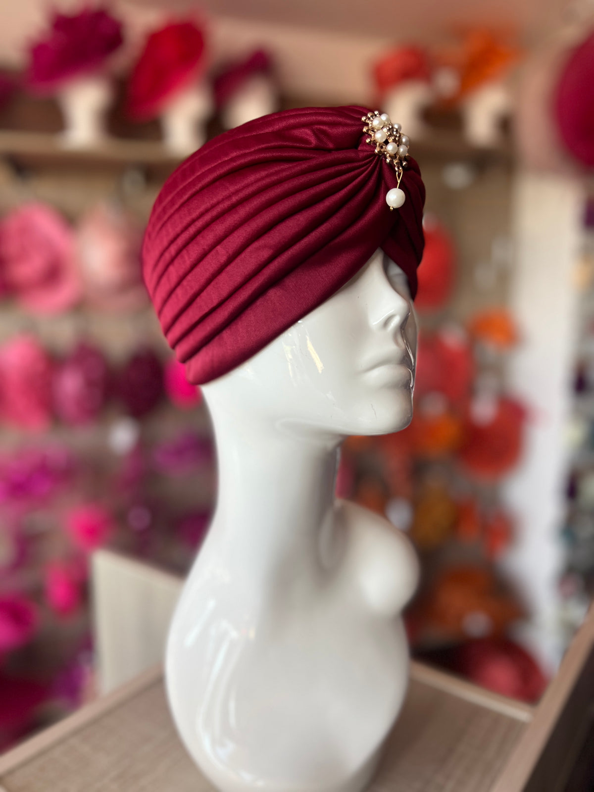 Burgundy Turban Hat With Diamante &amp; Pearl Embellishment-Fascinators Direct