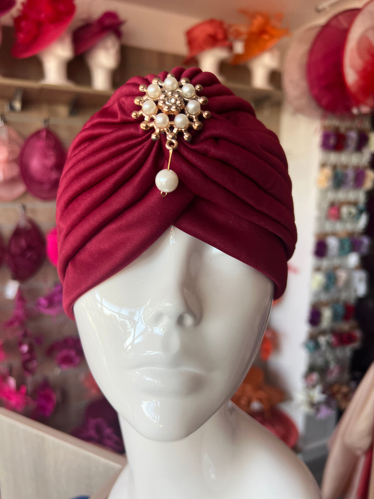 Burgundy Turban Hat With Diamante &amp; Pearl Embellishment-Fascinators Direct