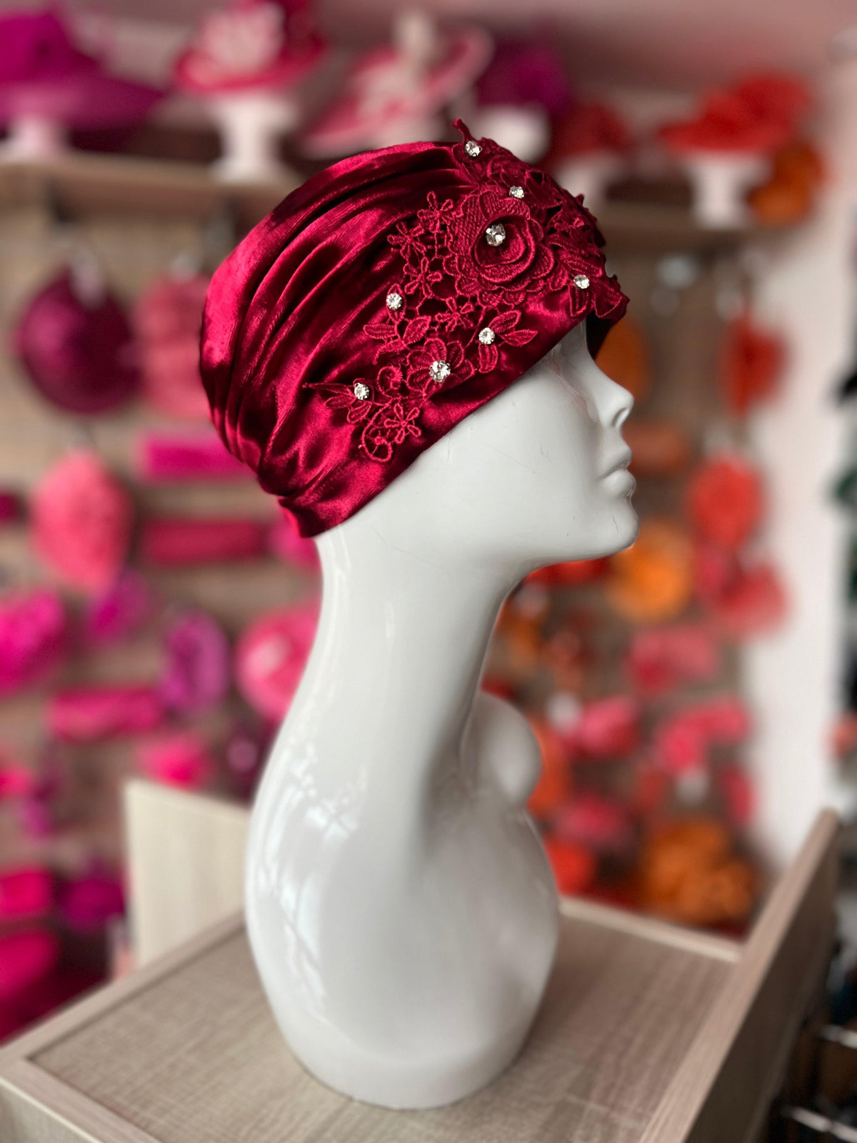 Burgundy Velvet Turban With Lace Effect Flowers &amp; Diamantes-Fascinators Direct