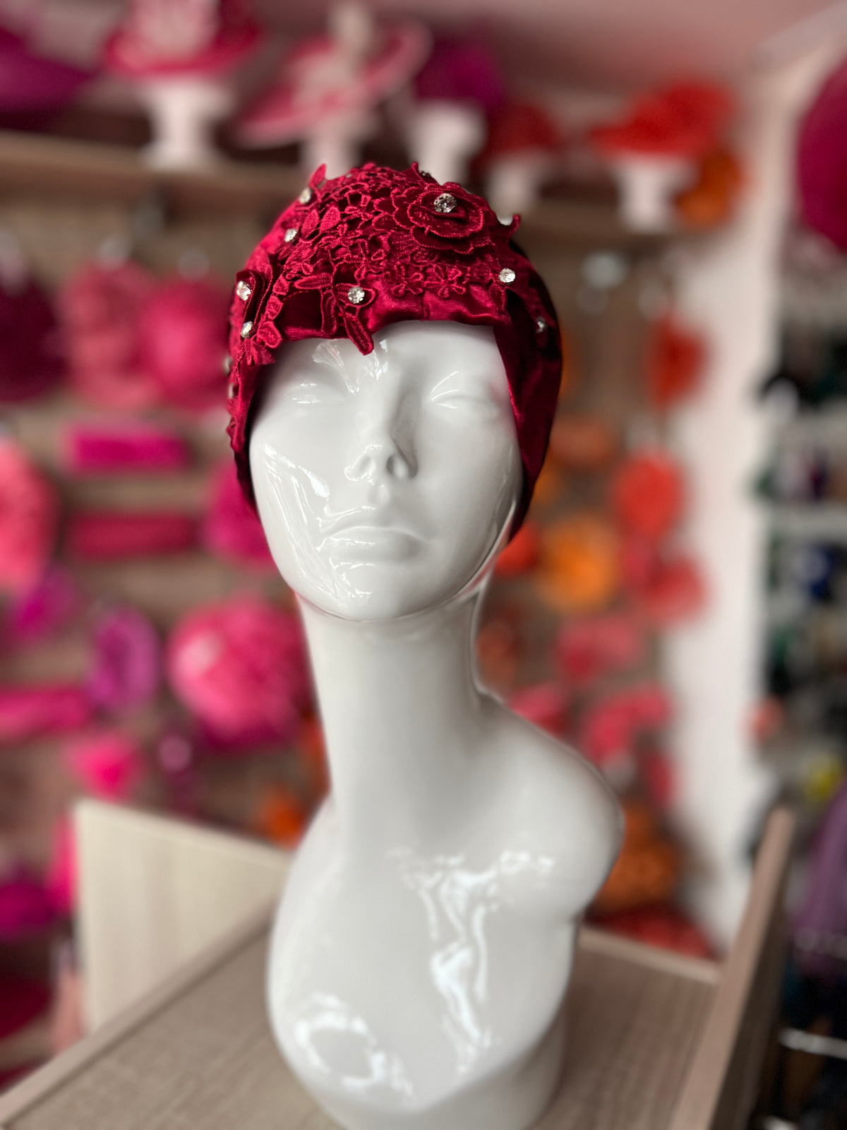 Burgundy Velvet Turban With Lace Effect Flowers &amp; Diamantes-Fascinators Direct