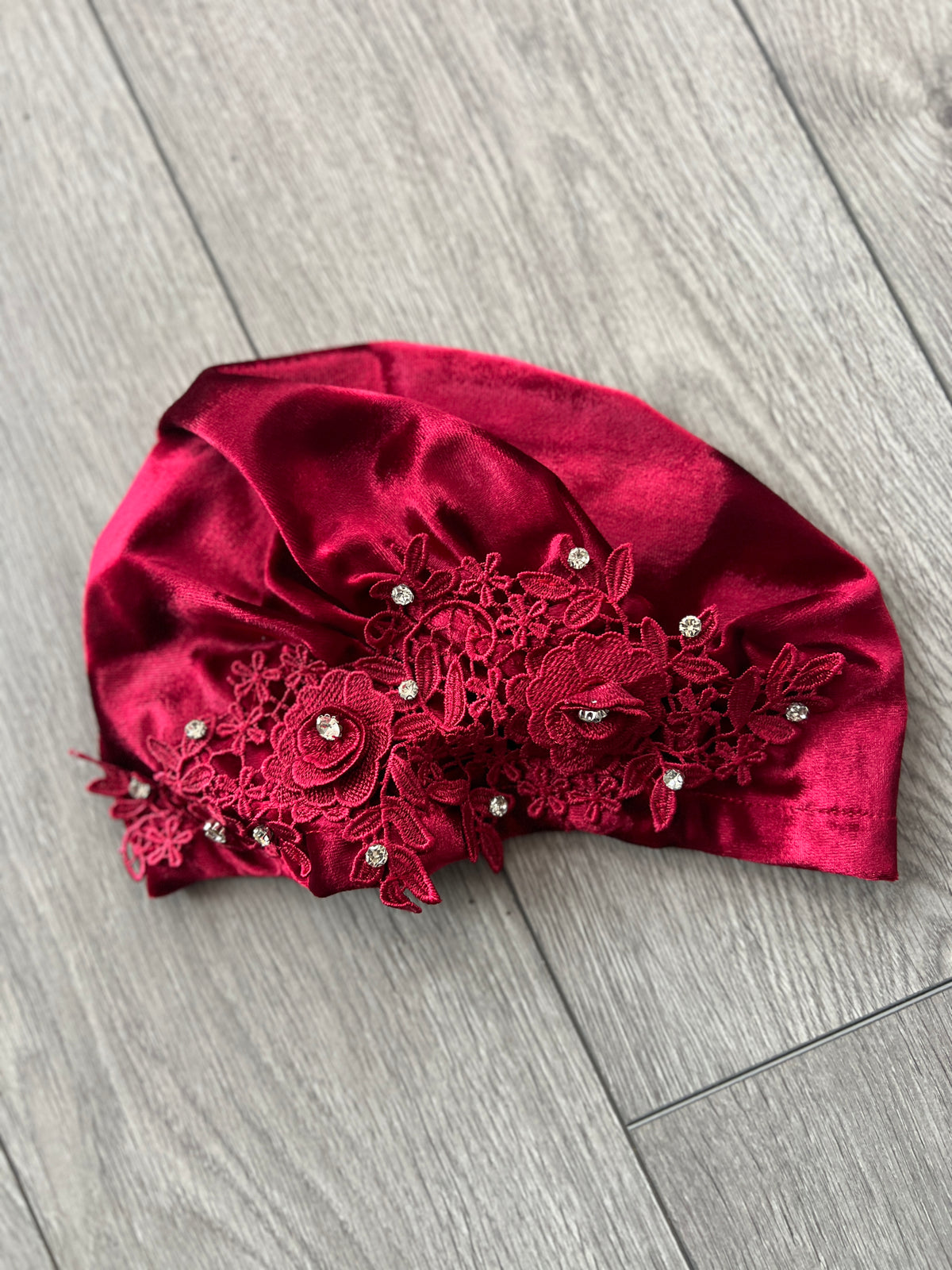 Burgundy Velvet Turban With Lace Effect Flowers &amp; Diamantes-Fascinators Direct