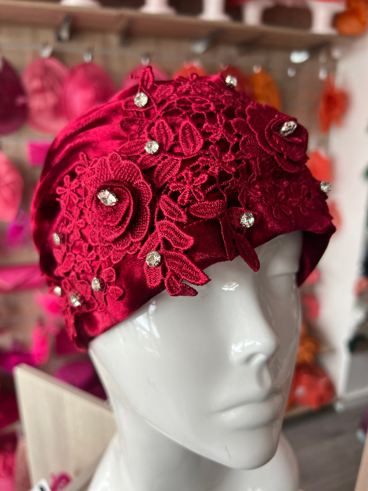Burgundy Velvet Turban With Lace Effect Flowers &amp; Diamantes-Fascinators Direct