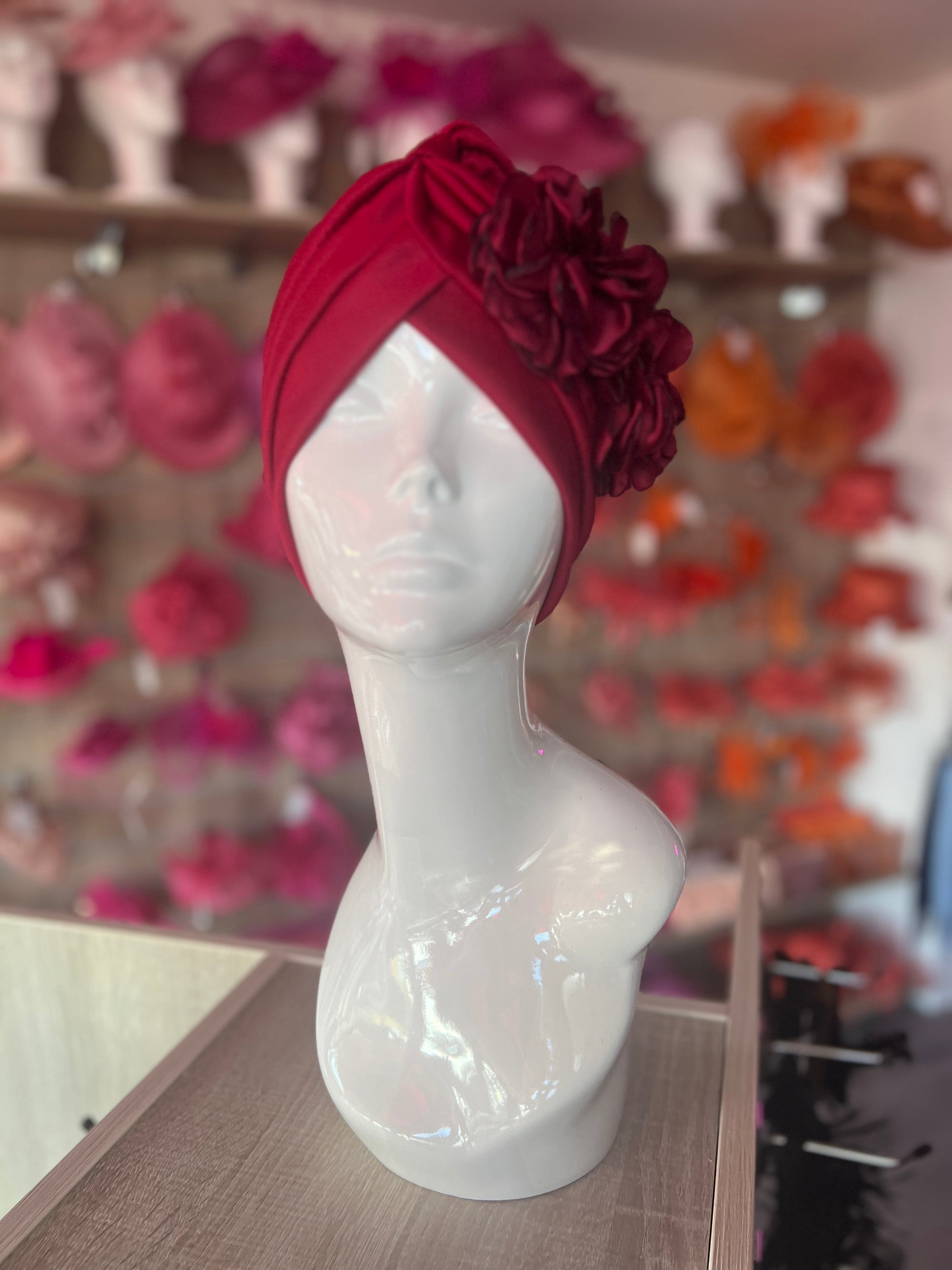 Burgundy Vintage Double Flower Turban Hat-Fascinators Direct