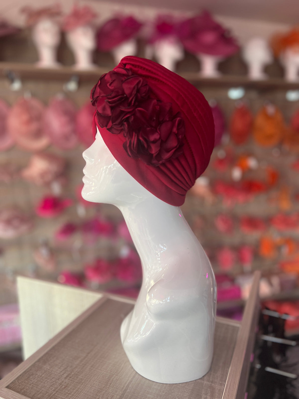 Burgundy Vintage Double Flower Turban Hat-Fascinators Direct
