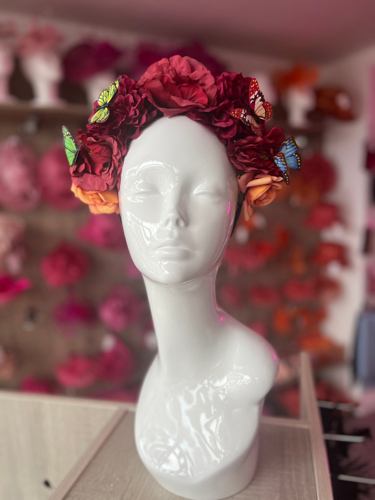 Burgundy Vintage Red Flower Headband With Butterflies-Fascinators Direct