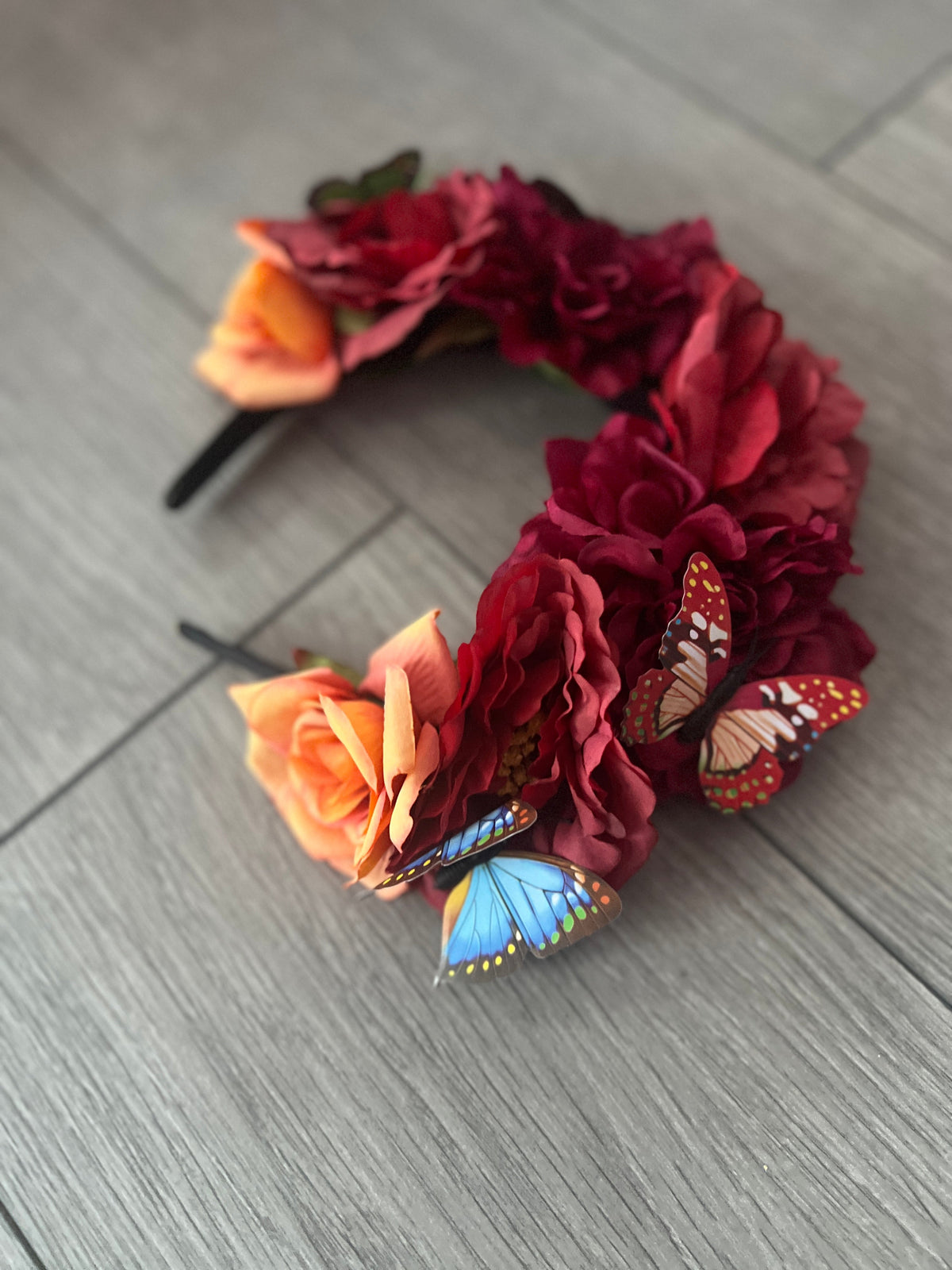 Burgundy Vintage Red Flower Headband With Butterflies-Fascinators Direct