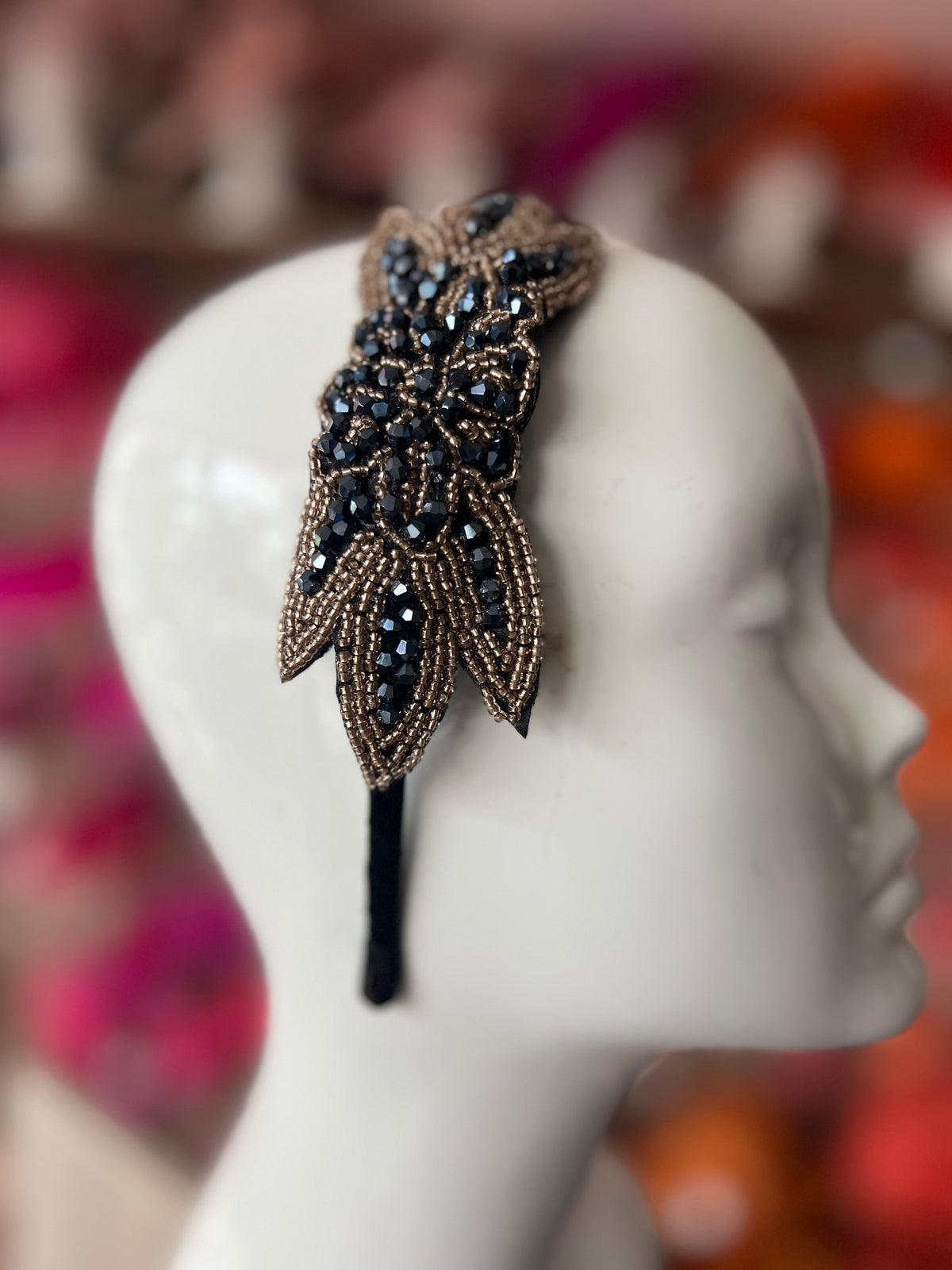 Vintage 1920's Gunmetal Grey &amp; Gold Flower &amp; Leaf Beaded Headband