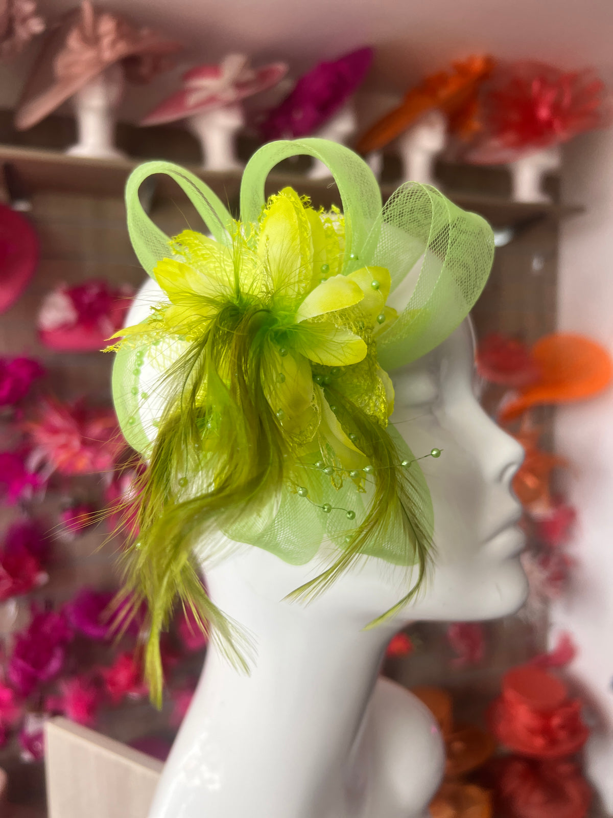 Clip In Citrus Green Hair Fascinator with Flower &amp; Loops