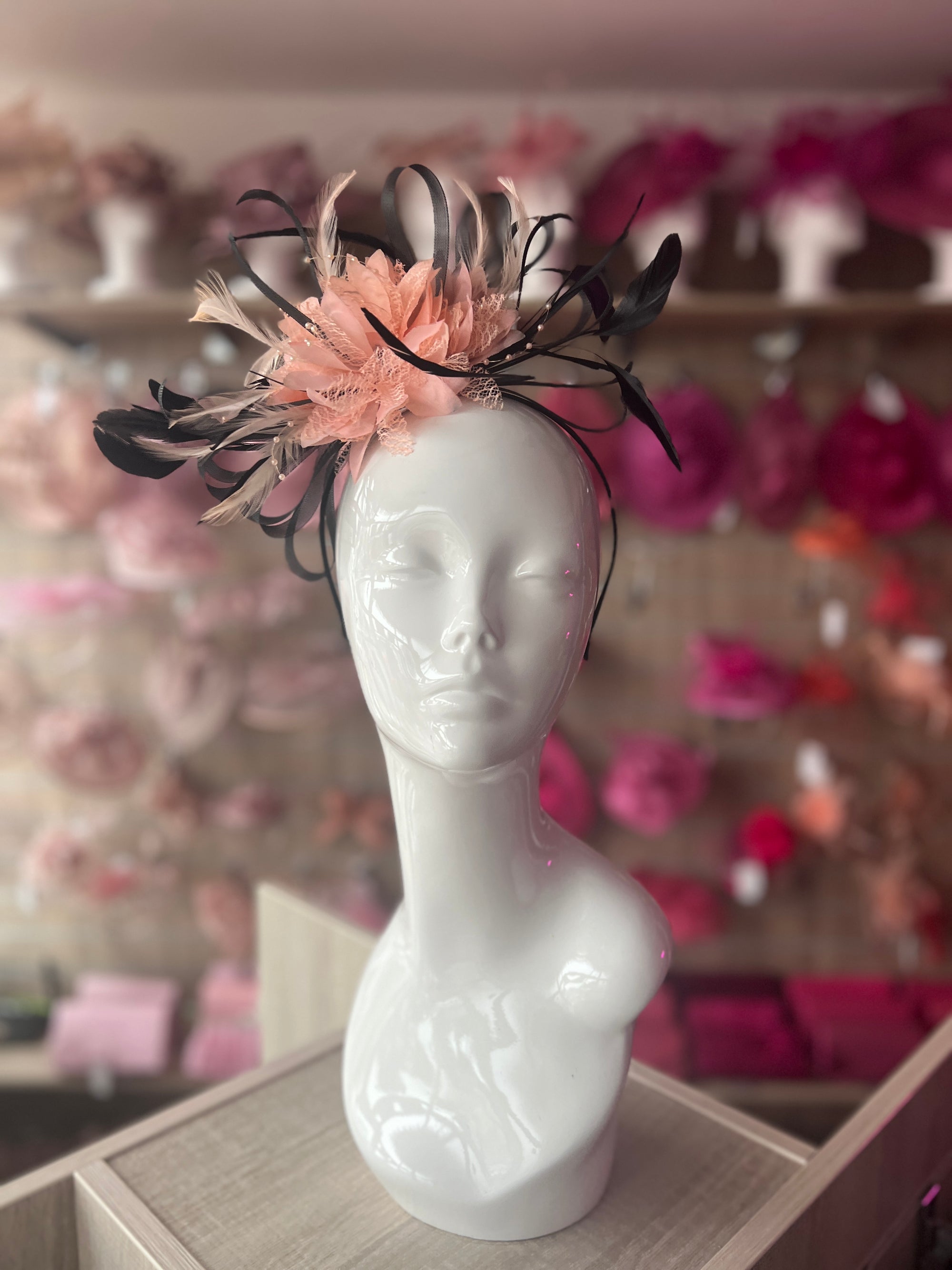 Headband Apricot & Black Fascinator With Flower & Loops