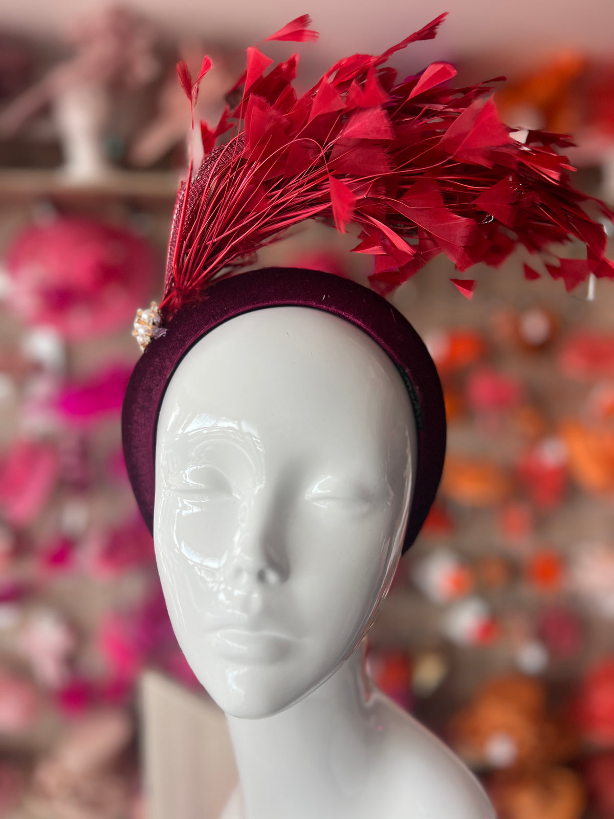 Burgundy Feather Velvet Padded Headband Fascinator With Diamante &amp; Pearl Cluster
