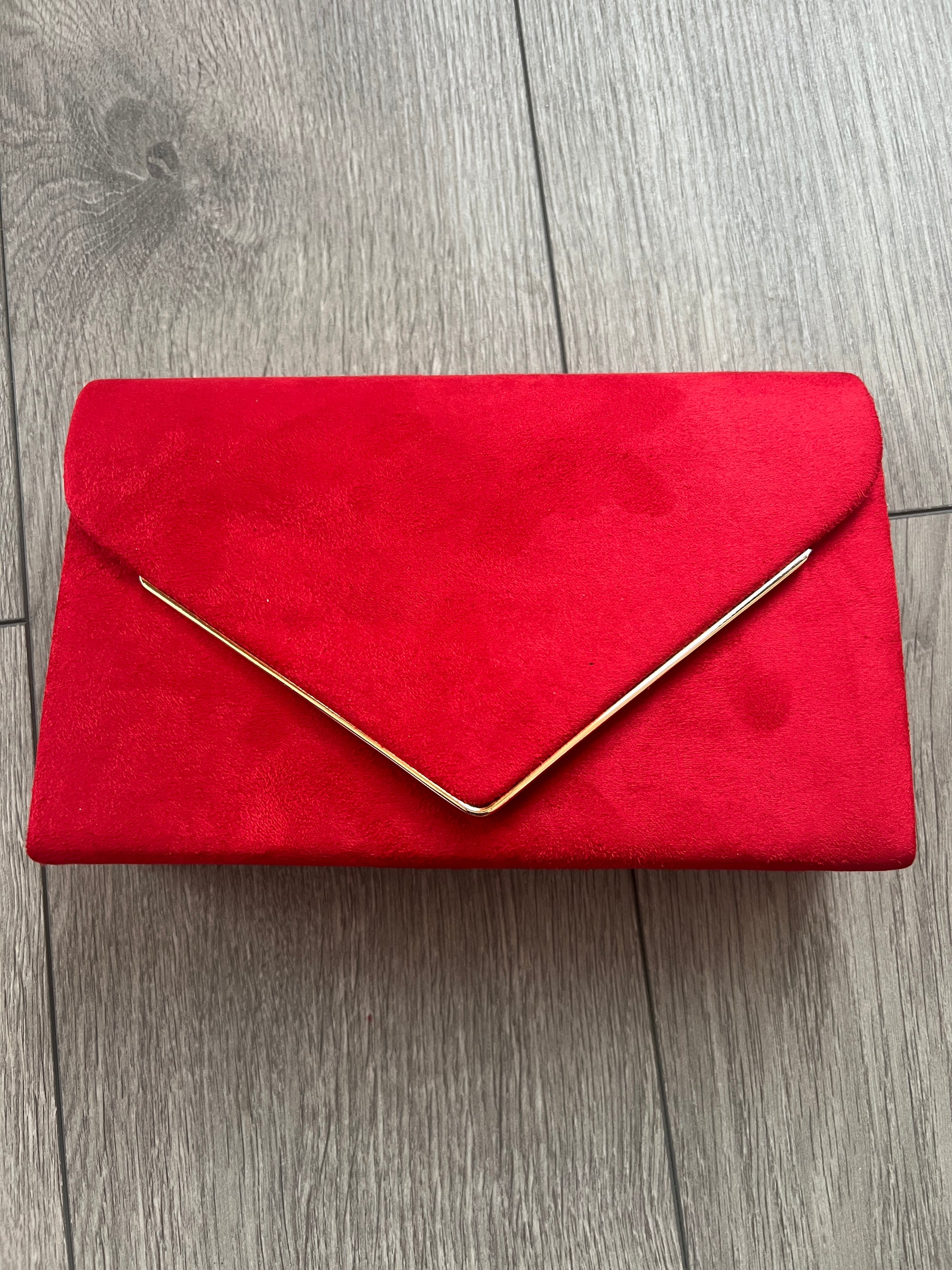 Luxury Red Velvet Envelope Clutch Bag With Gold Trim