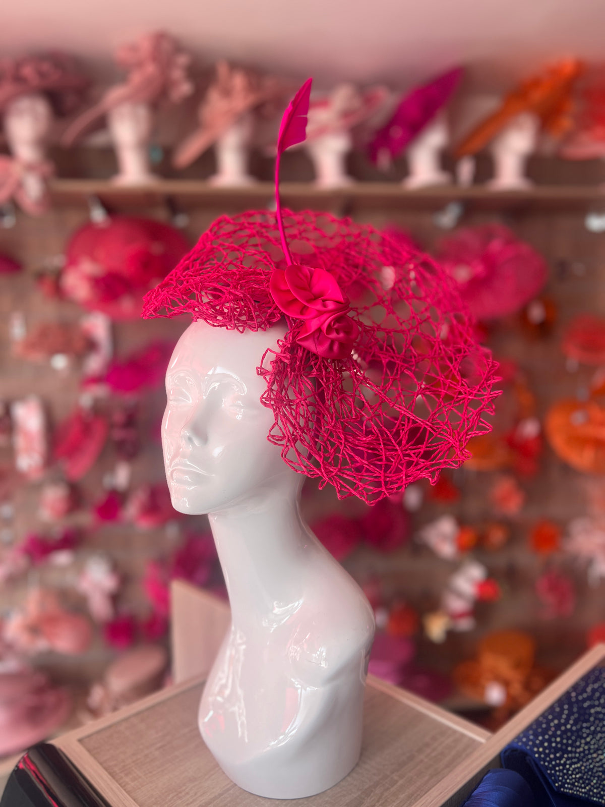 Fuchsia Pink Lattice Saucer Fascinator With Satin Flower &amp; Feather Quill