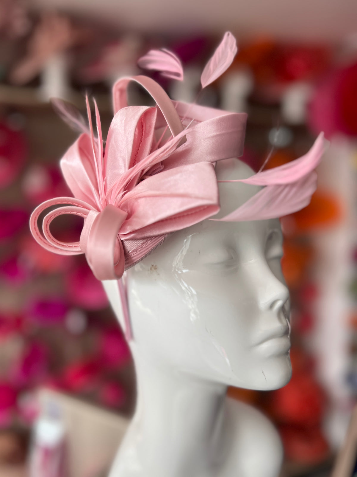 Baby Pink Fascinator Headband With Looped Satin &amp; Feathers