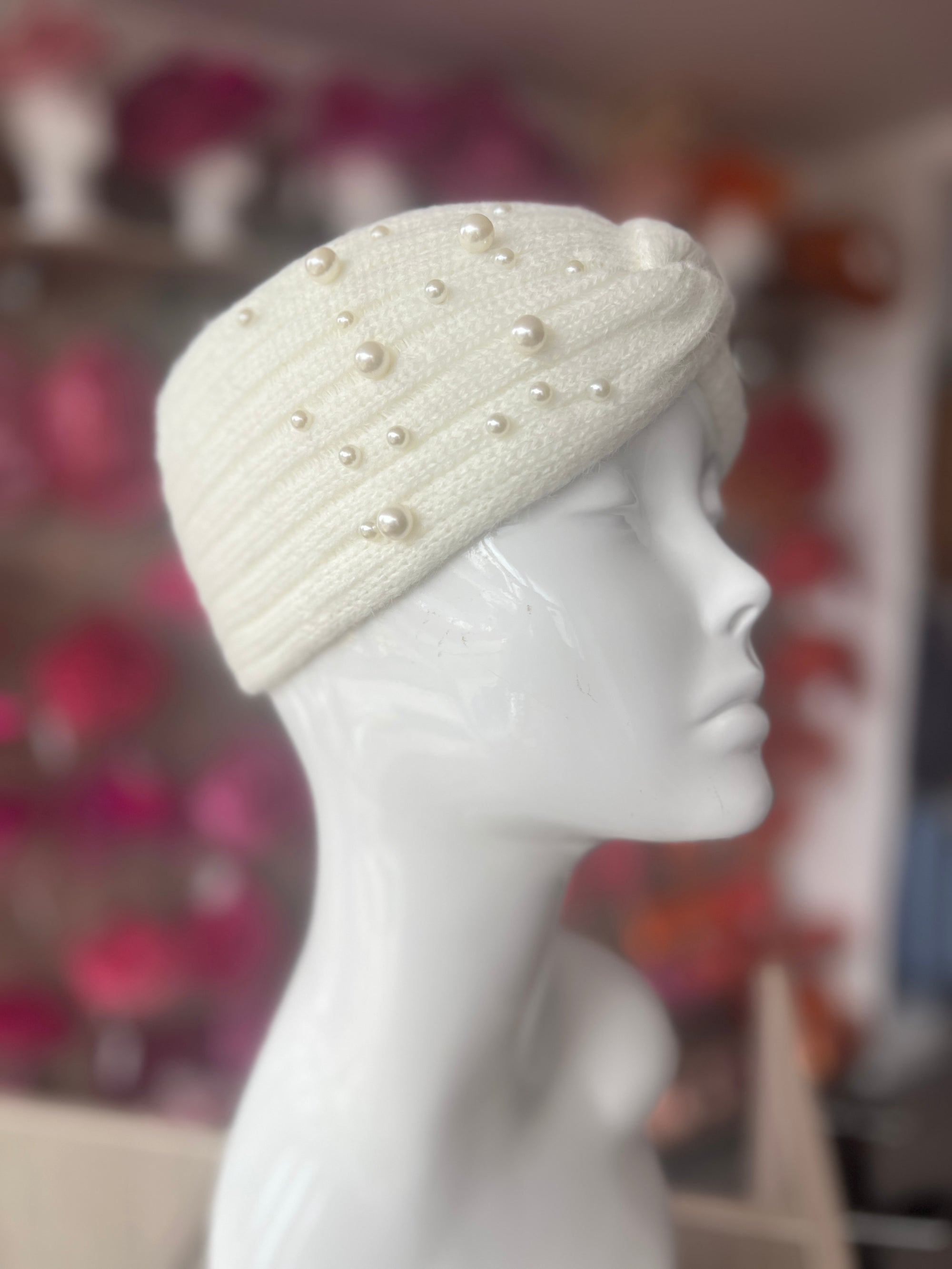 Ivory Knitted Headband Ear Warmer With Assorted Pearls