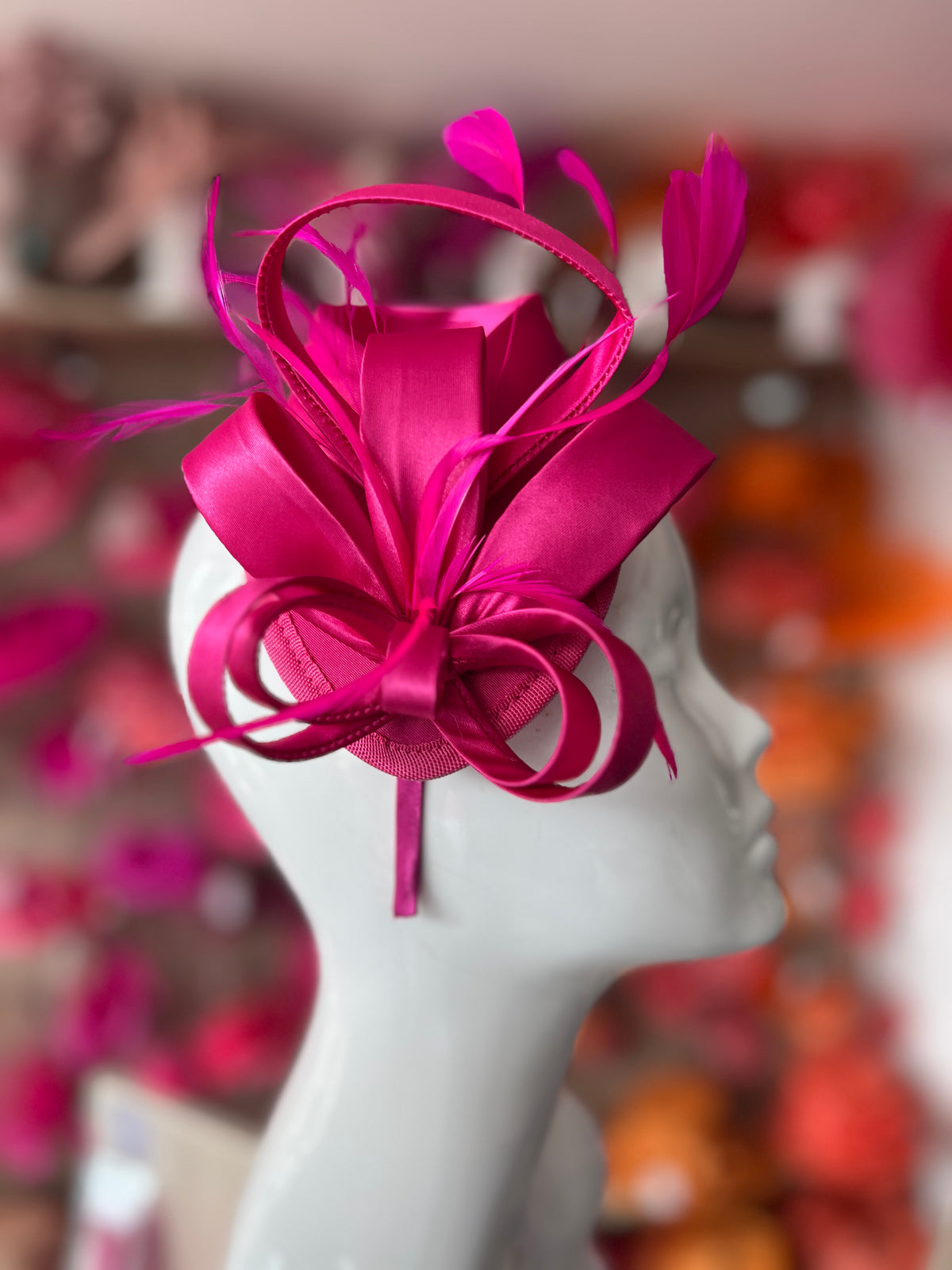 Fuchsia Fascinator Headband With Looped Satin &amp; Feathers