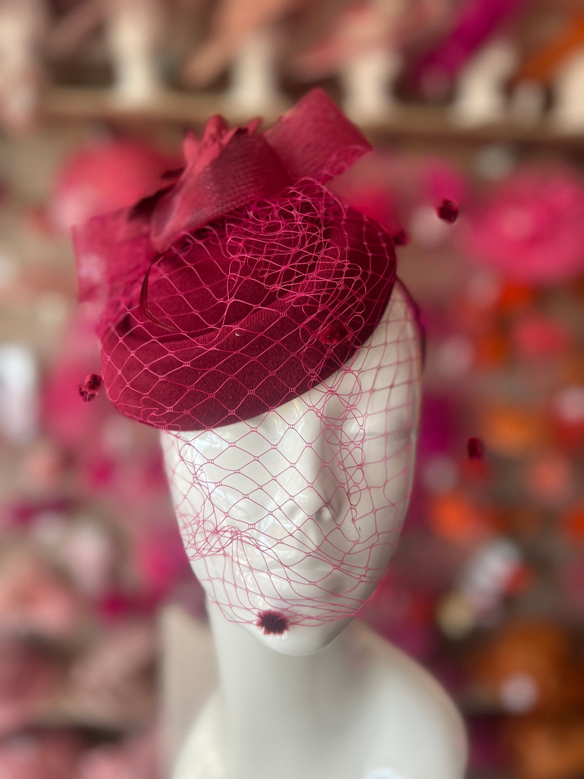 Burgundy Pillbox Hat Fascinator With Flower &amp; Veil