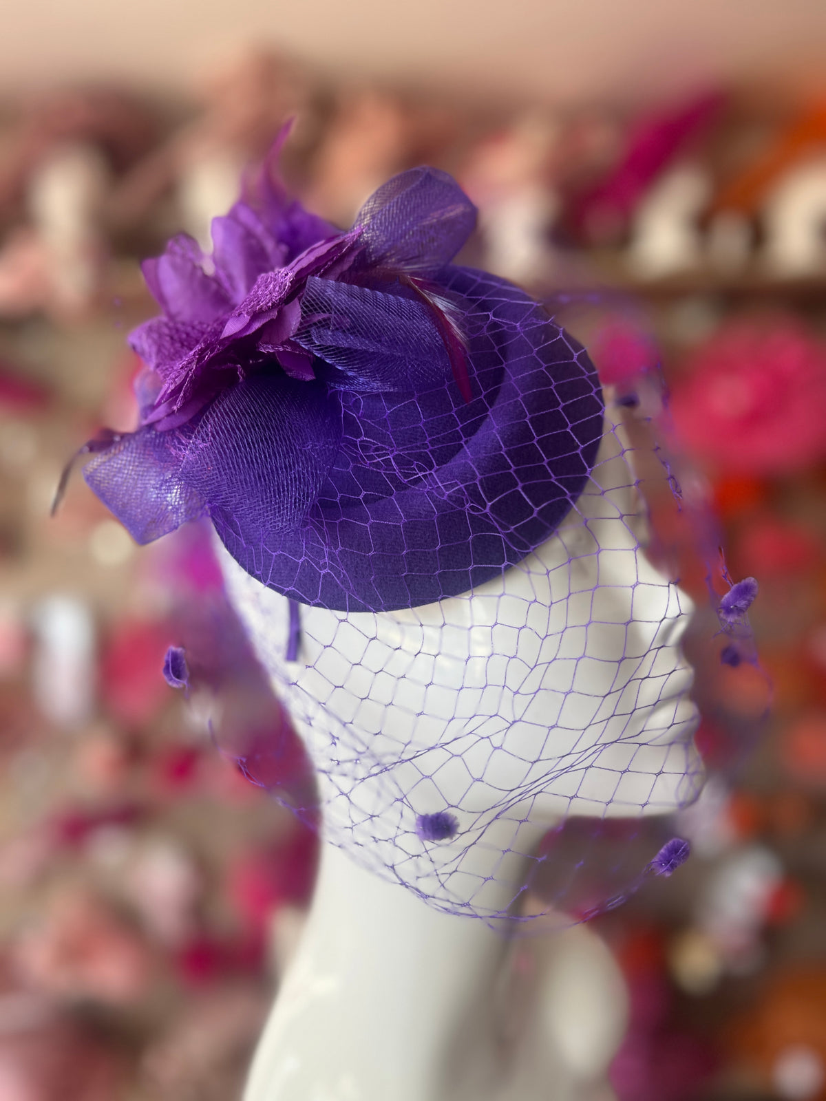 Purple PillBox Hat Fascinator With Flower &amp; Veil