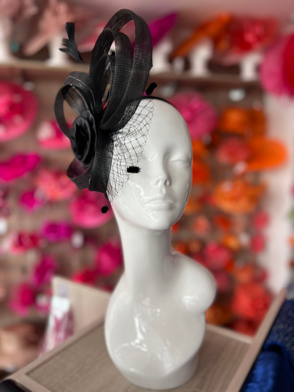 Black Flower Fascinator With Netting &amp; Feathers