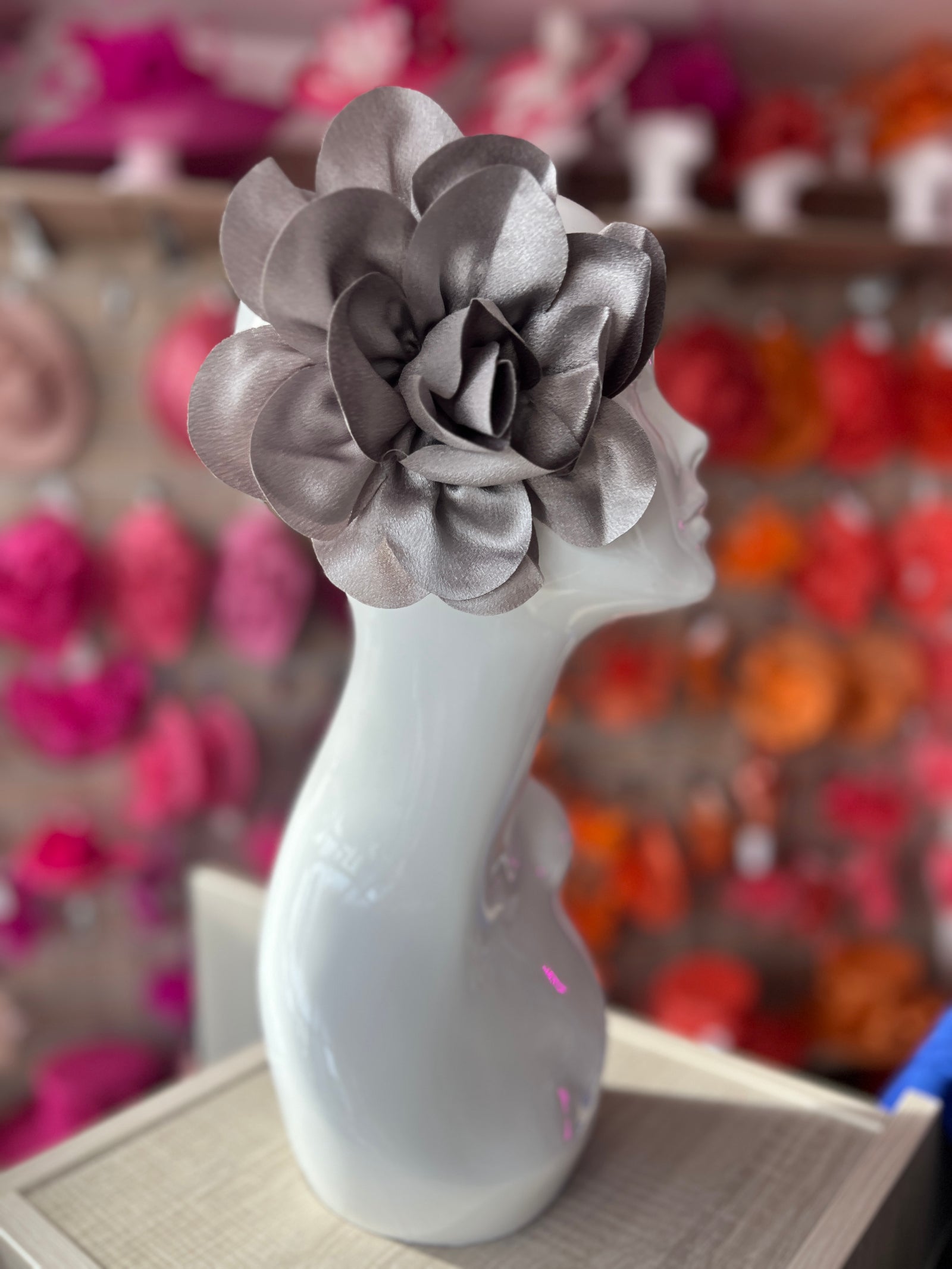 Silver Large Satin Rose Flower Fascinator