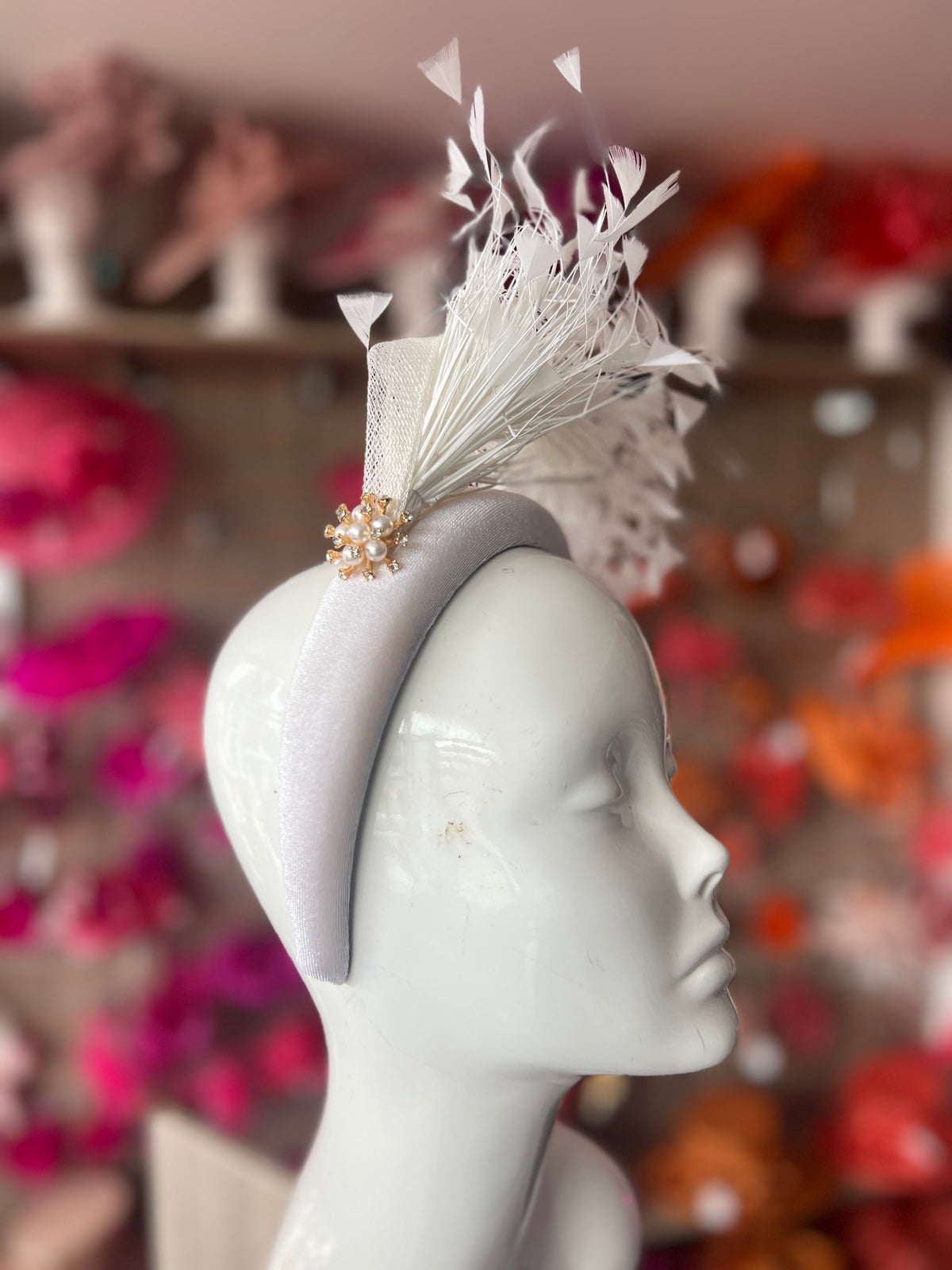 White Feather Velvet Padded Headband Fascinator With Diamante &amp; Pearl Cluster