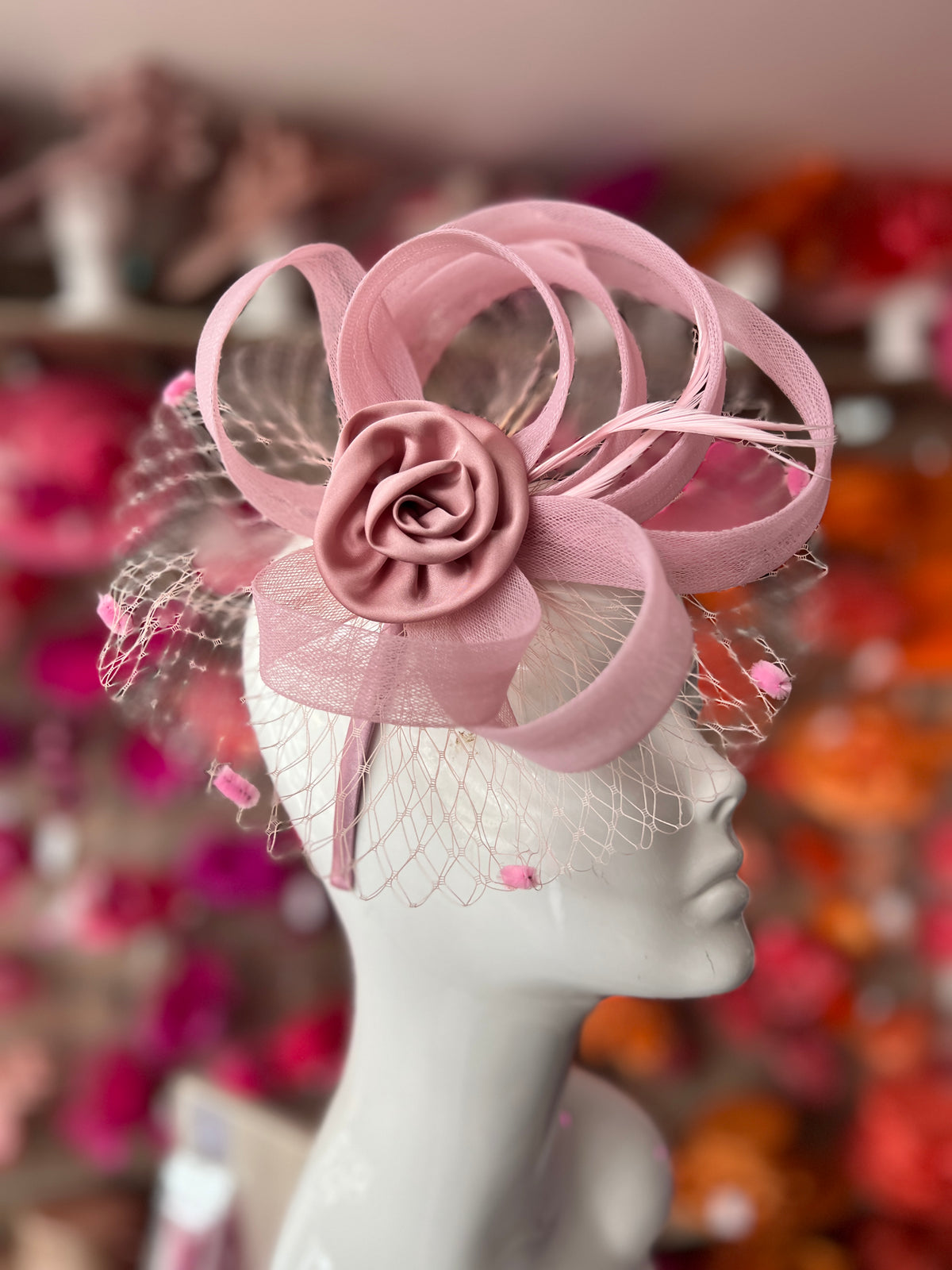 Dusky Pink Flower Fascinator With Netting &amp; Feathers