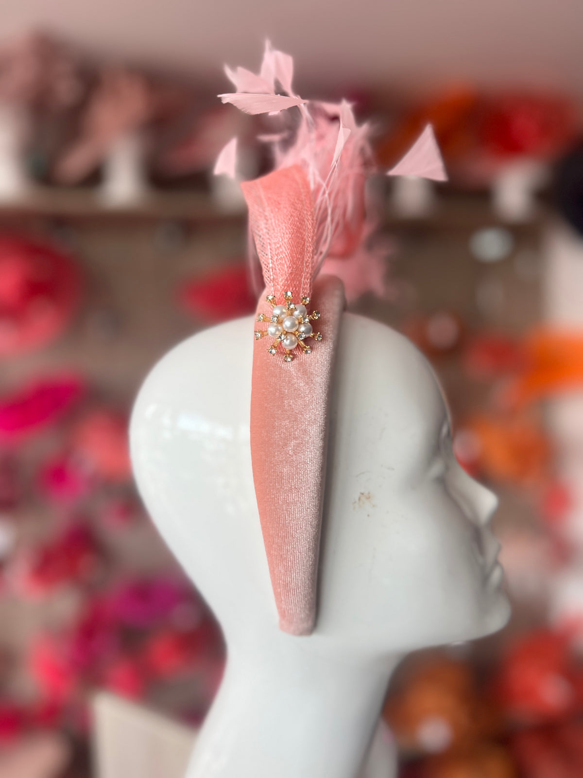 Pink Feather Velvet Padded Headband Fascinator With Diamante &amp; Pearl Cluster