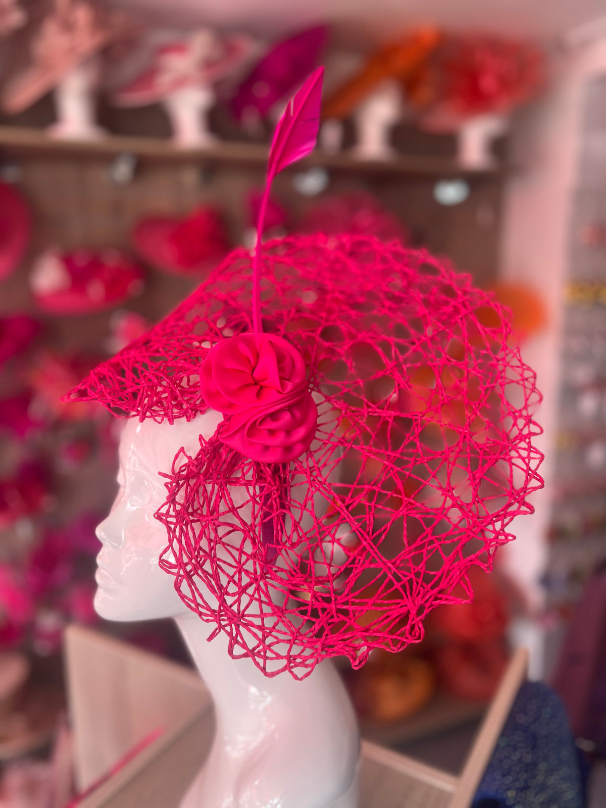 Fuchsia Pink Lattice Saucer Fascinator With Satin Flower &amp; Feather Quill
