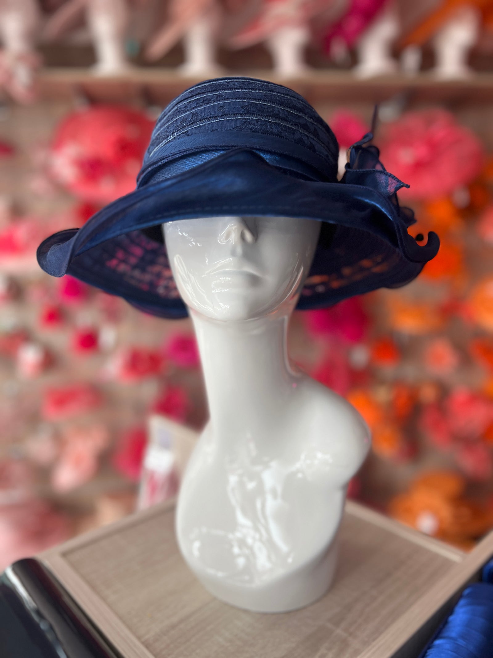 Navy Blue Crinoline Hat With Chiffon Bow / Lace & Pearl Detail