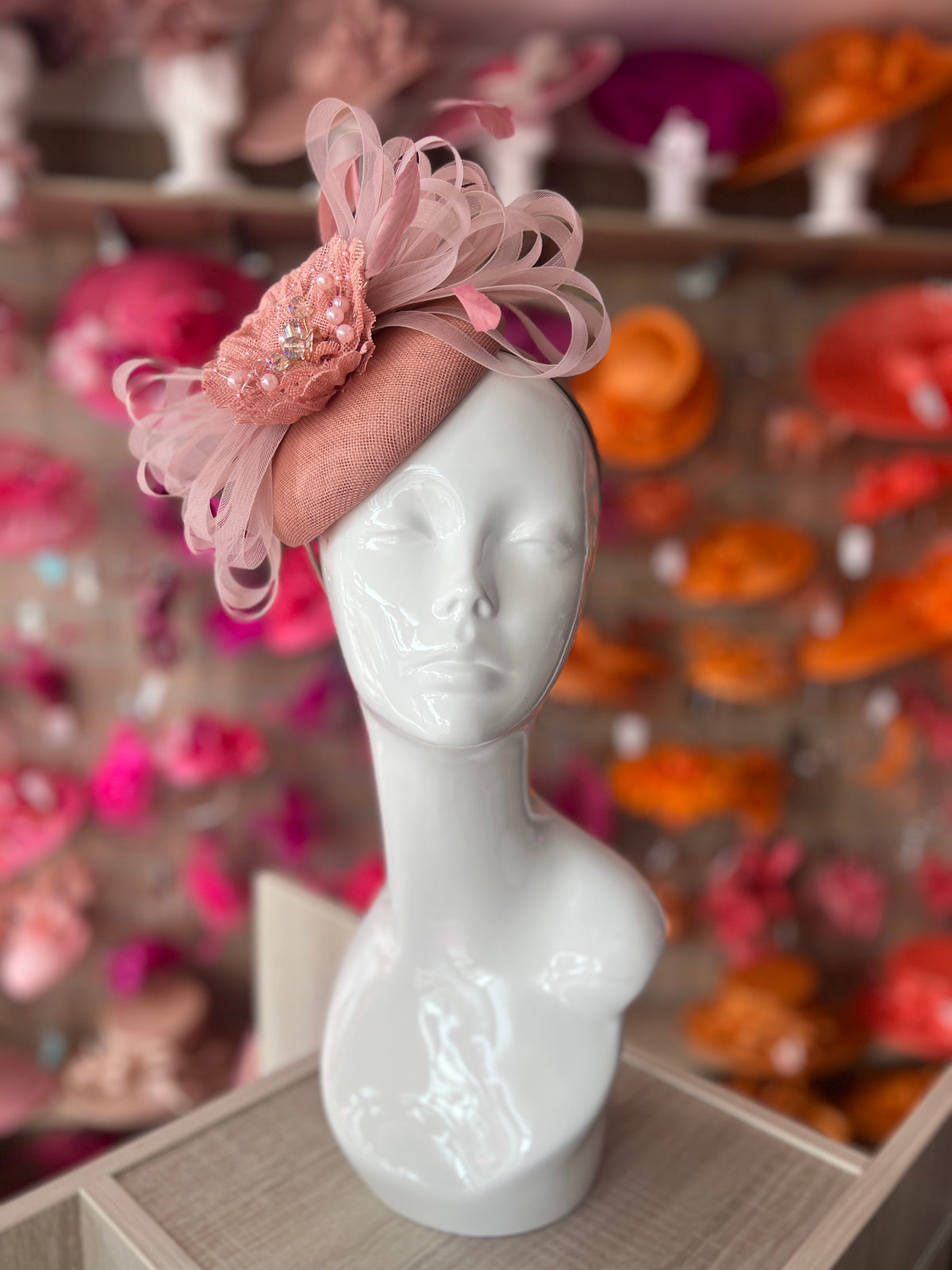 Pillbox Hat With Loops and  Embellished Flowers-Dusty Pink