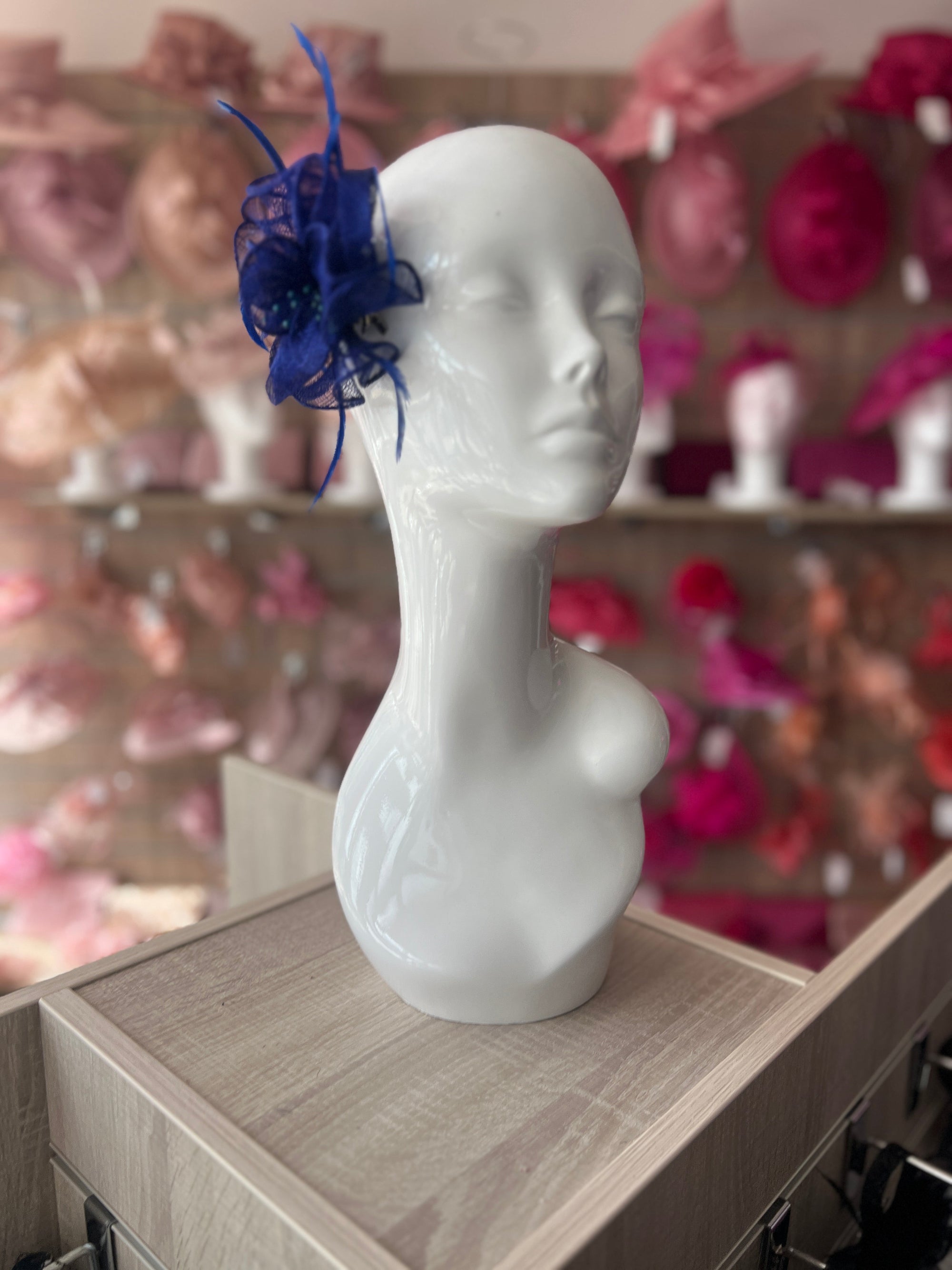 COBALT BLUE SMALL FASCINATOR WITH DECORATIVE BEADS & FEATHERS-Fascinators Direct