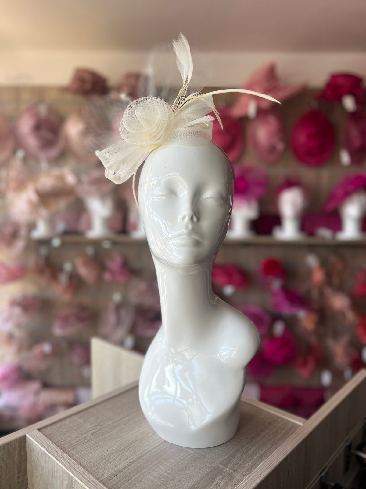 CREAM CRINOLINE FASCINATOR WITH BEADS, LOOPS &amp; NETTING-Fascinators Direct